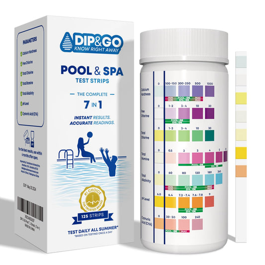 7 in 1 Pool and Spa Test Strips - 125 Strips Pool and Hot Tub Test Kit for pH, Total Chlorine, Total Alkalinity, Hardness, Free Chlorine, Bromine, Cyanurlc Acid