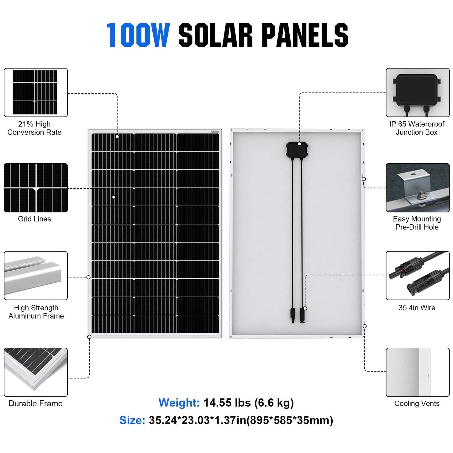 ECO-WORTHY 2pcs 100 Watt Solar Panels 12 Volt Monocrystalline Solar Panel for RV Marine Boat and Other Off-Grid Applications, 2-Pack 100W