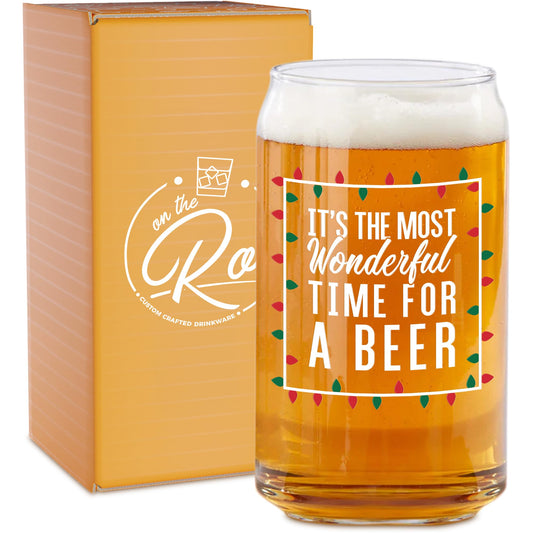 On The Rox Most Wonderful Time for a Beer- Red, Green and White- 16 Ounce Glass- Ideal for Men and Women - Funny Glass (Most Wonderful)