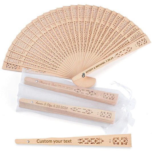 JONZIN 50Pcs Personalized Wooden Folding Hand Fans - Custom Wedding Fans for Guests Engraved Text Wedding Fans for Party Favors Bridal Shower Wedding Gift for Guests Bulk (50)