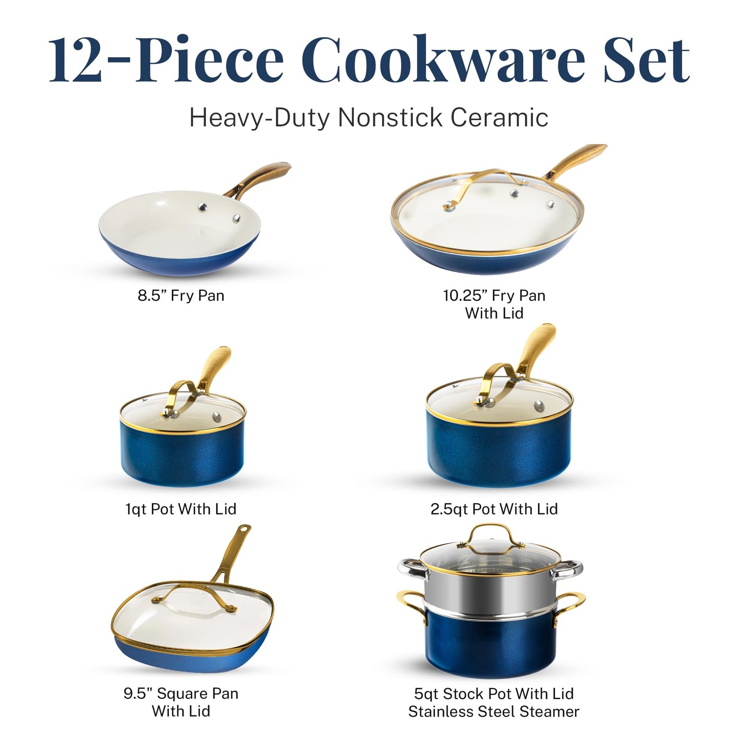 GOTHAM STEEL 12 Pc Ceramic Pots and Pans Set Non Stick, Kitchen Cookware Sets, Pot and Pan Set, Ceramic Cookware Set, Non Toxic Cookware Set, Non Stick Pots and Pan Set, Dishwasher Safe - Cream Navy