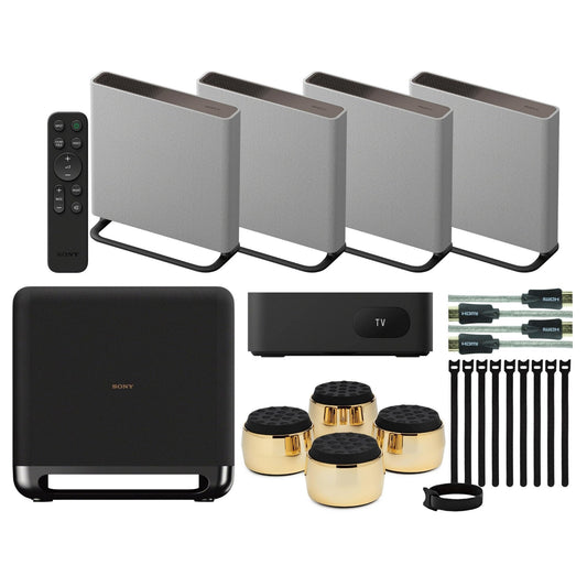 Sony BRAVIA Theater Quad Home Theater Surround Sound System with 4 Wireless Speakers (Gray) Bundle SASW5 Wireless Subwoofer, Monitor Isolation Pads, HDMI Cable, and Cable Ties (5 Items)