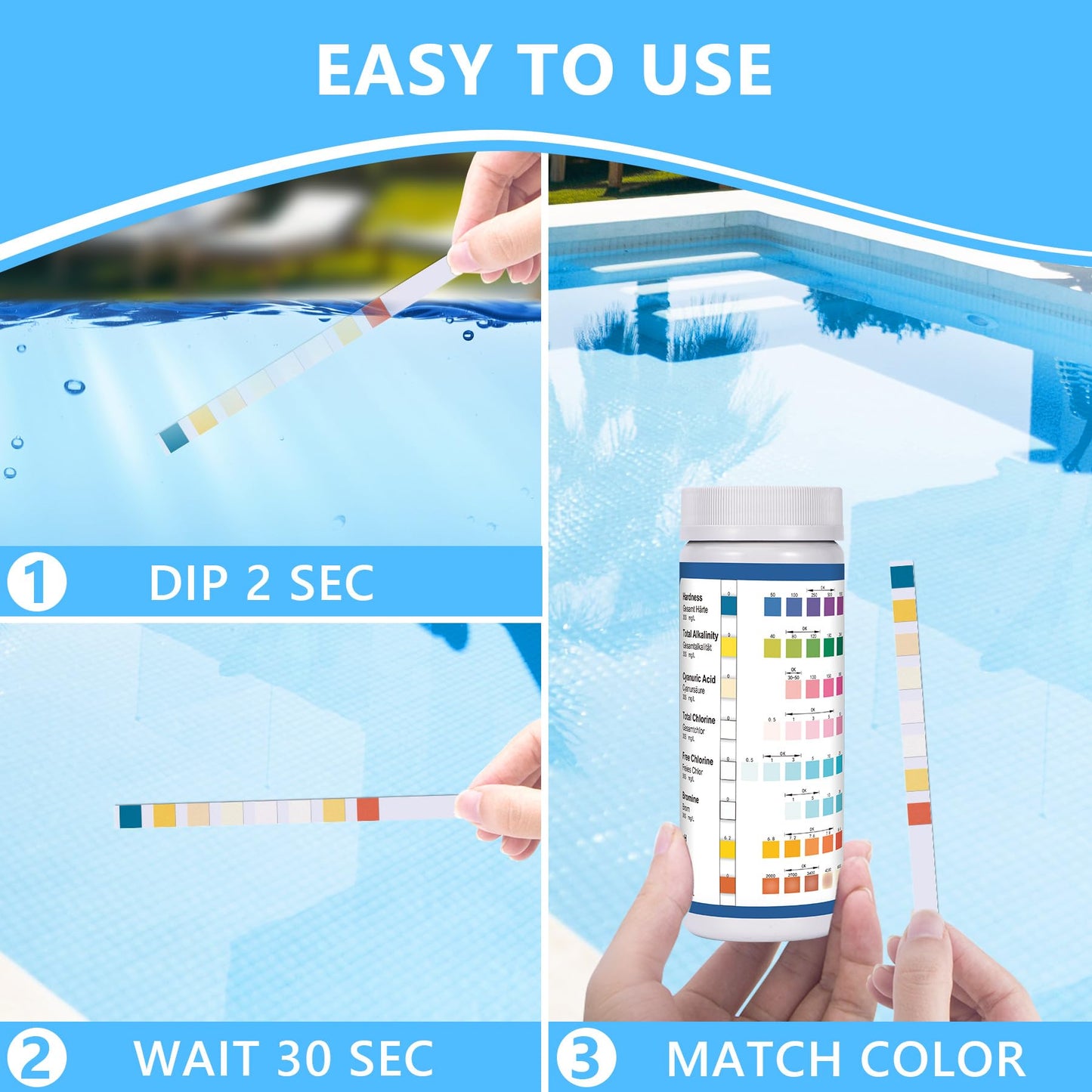 Pool Test Strips, 125ct 8 in 1 Pool and Spa Test Strips for Hot Tub, Swimming Pools and Salt Water Pools - Easy to Test pH, Chlorine, Alkalinity, Hardness, Cyanuric Acid, and Salt Testing Kit