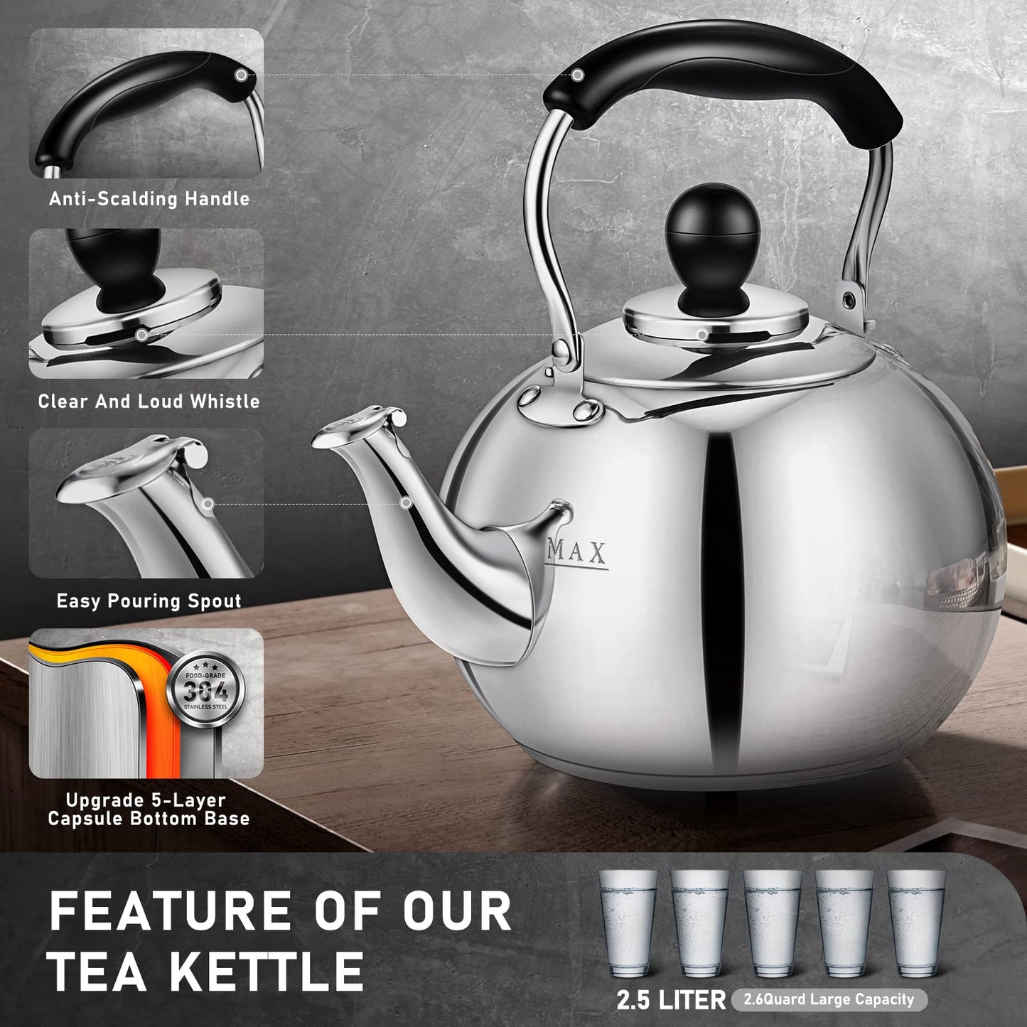 Dclobtop Whistling Tea Kettle Stovetop - 2.5 Quart Round Tea Kettle Stovetop, Silver Mirror Polished Classic Stovetop Kettle, Food Grade Material Kettle Teapot for Stove Top