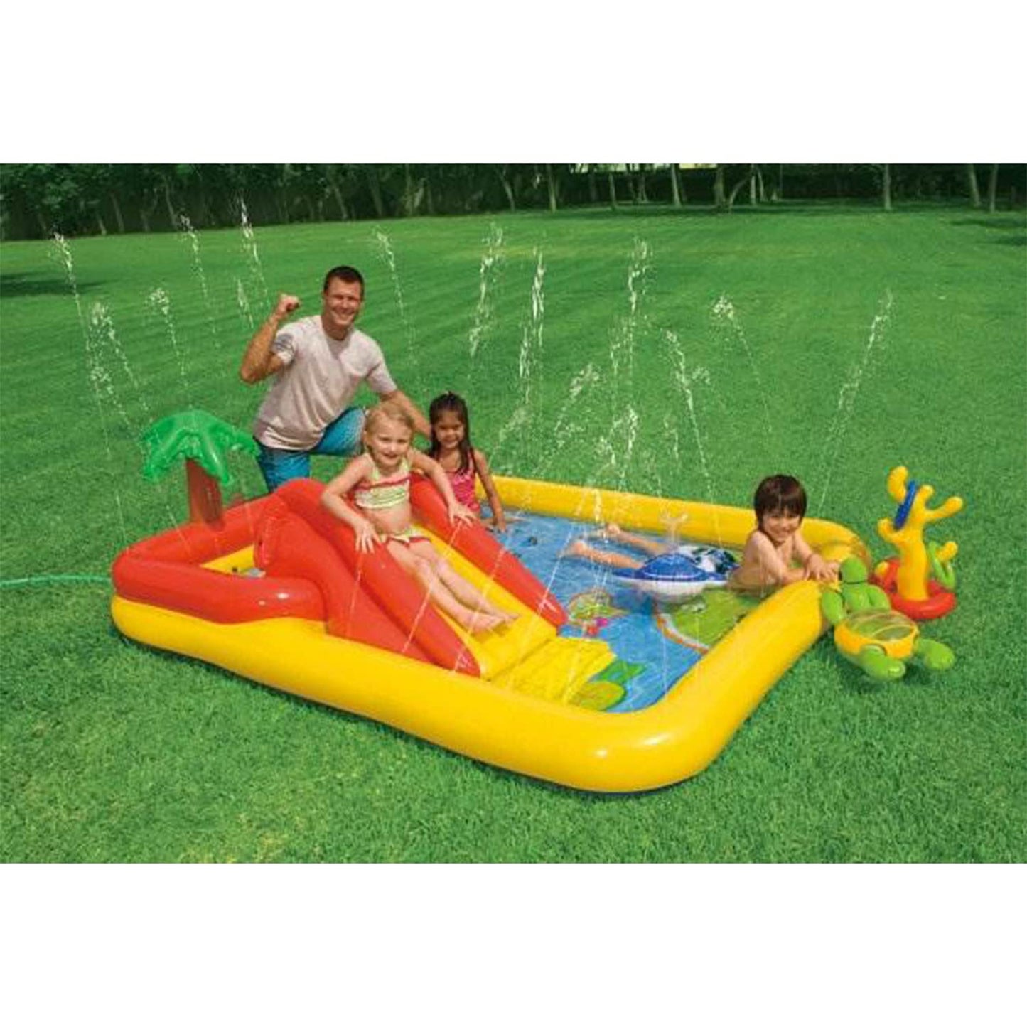 Intex 100" x 77" Inflatable Ocean Play Center Kids Backyard Kiddie Pool and Water Game Outdoor Set with Water Slide and Built-in Sprayer