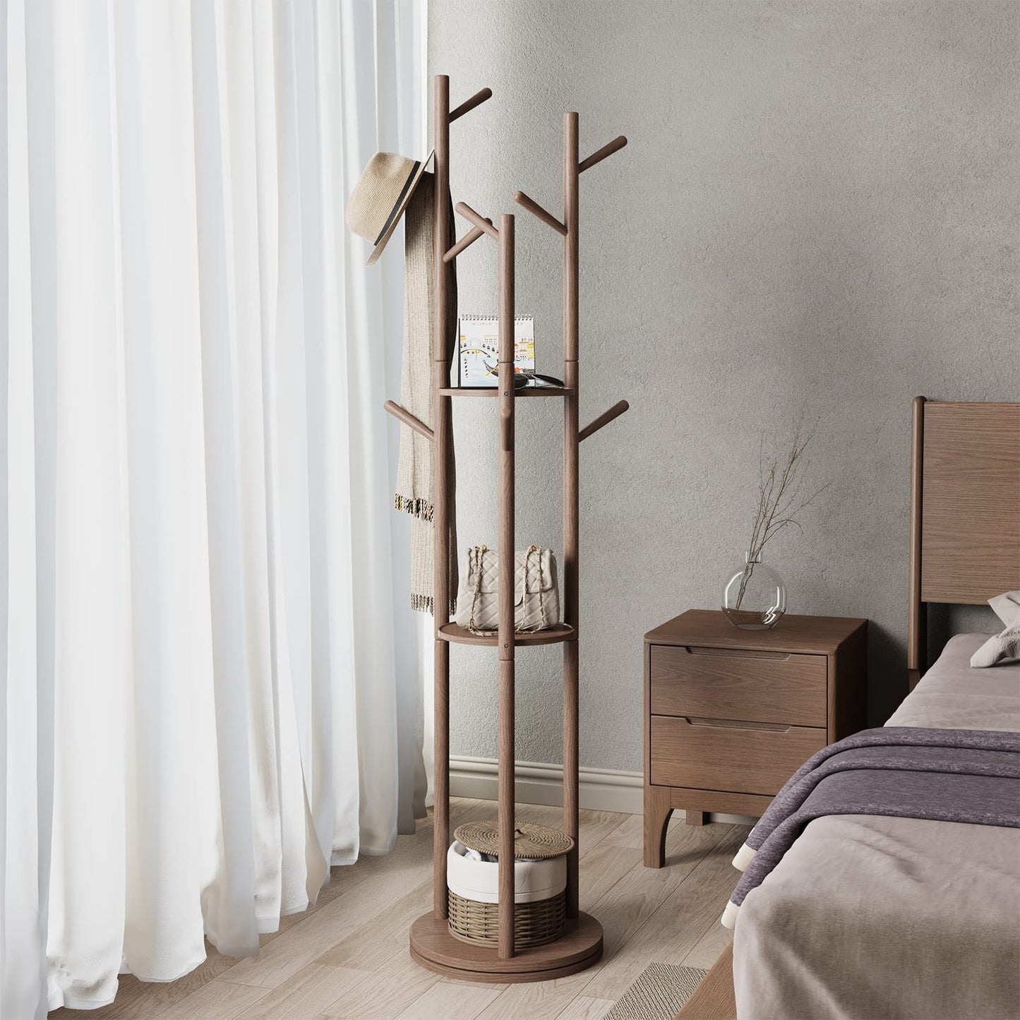 KungFuWood KASLANDI Coat Rack, Solid Wood Rotary Coat Rack Stand, Freestanding Coat Rack with 3 Shelves and 9 Hooks, Sturdy and Easy to Assemble Coat Tree for Entryway, Bedroom, Coats, Bags (Walnut)