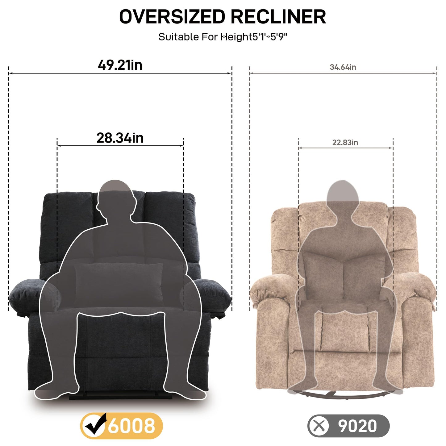 HOMYEDAMIC Oversized Recliner Chair 350 lb Weight Capacity, Plus Size 28 inch Large Wide Seat Manual Comfortable Fabric Recliner for Adults Living Room with Pockets Massage Heated Pillow (6008-Grey)