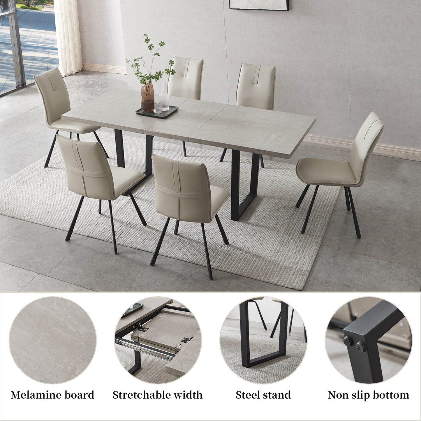 ZckyCine Modern Dining Table Set for 6-8 People Kitchen Dining Room Table Set Extendable Wood Dining Table and 6 Upholstered Chairs, Home Kitchen Furniture