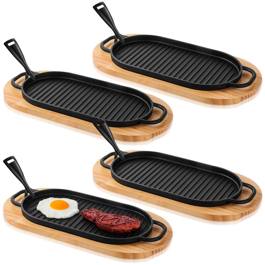 Yiyiring 4 Pcs Cast Iron Fajita Skillet Pan Set Sizzling Steak Plate with Wooden Base and Removable Handle Cast Iron Grill Frying Pan for Home Restaurant Kitchen Cooking (12 x 6.3 Inch)