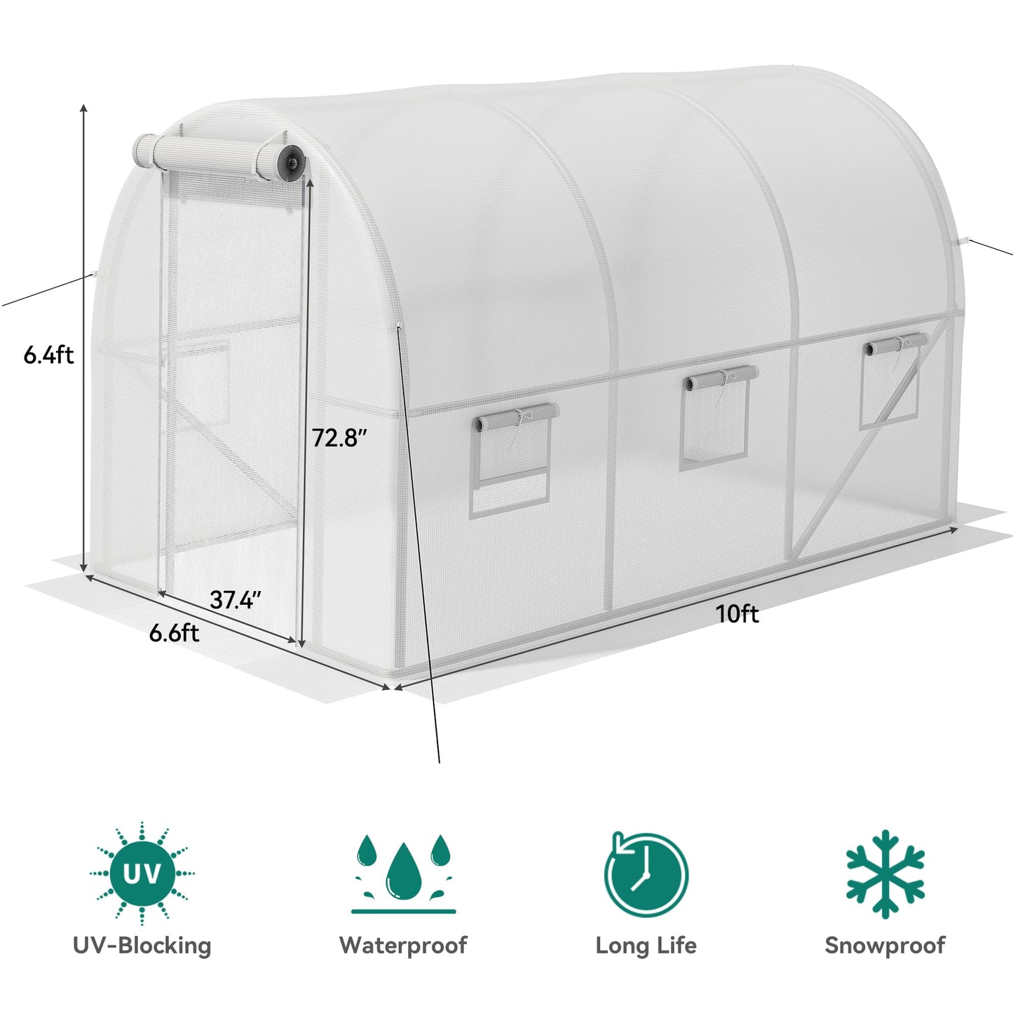 YITAHOME 10x6.5x6.5ft Greenhouses Large Walk-in Green House Heavy Duty Tunnel Green Houses Outdoor Portable Plant Gardening Upgraded Galvanized Steel Frame Zipper Doors 5 Crossbars Garden, White