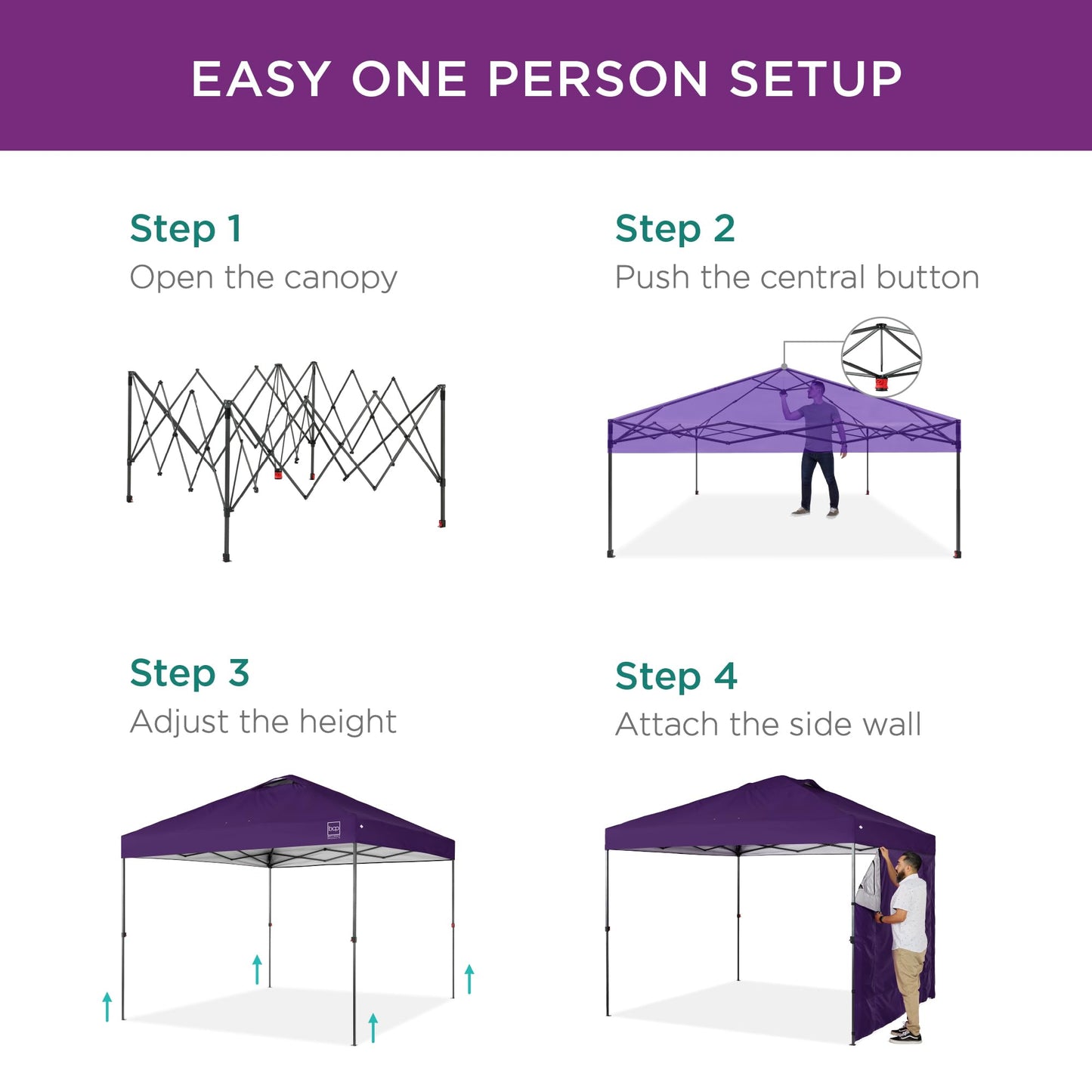 Best Choice Products 10x10ft Easy Pop Up Canopy w/Side Wall, 10 Pockets, Portable Carrying Case, 1-Button Setup, 4 Weight Bags - Amethyst Purple