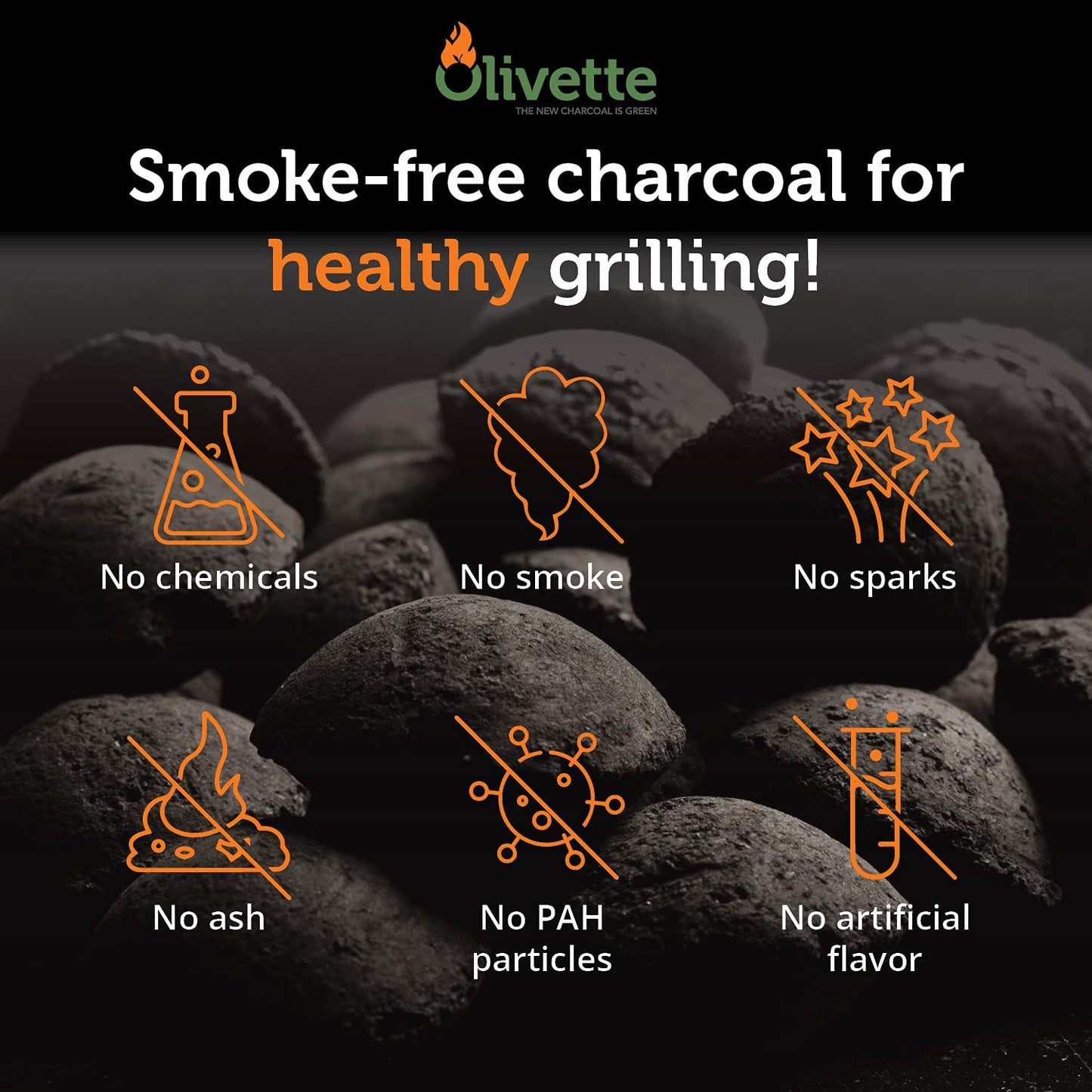 Organic Charcoal Briquettes by Olivette, Reusable Charcoal for Grilling, USDA Certified, Recycled Olive Tree Byproduct, Ready to Light BBQ Charcoal, 6.6 lb. Bag Equal to 20 lb. Regular Charcoal