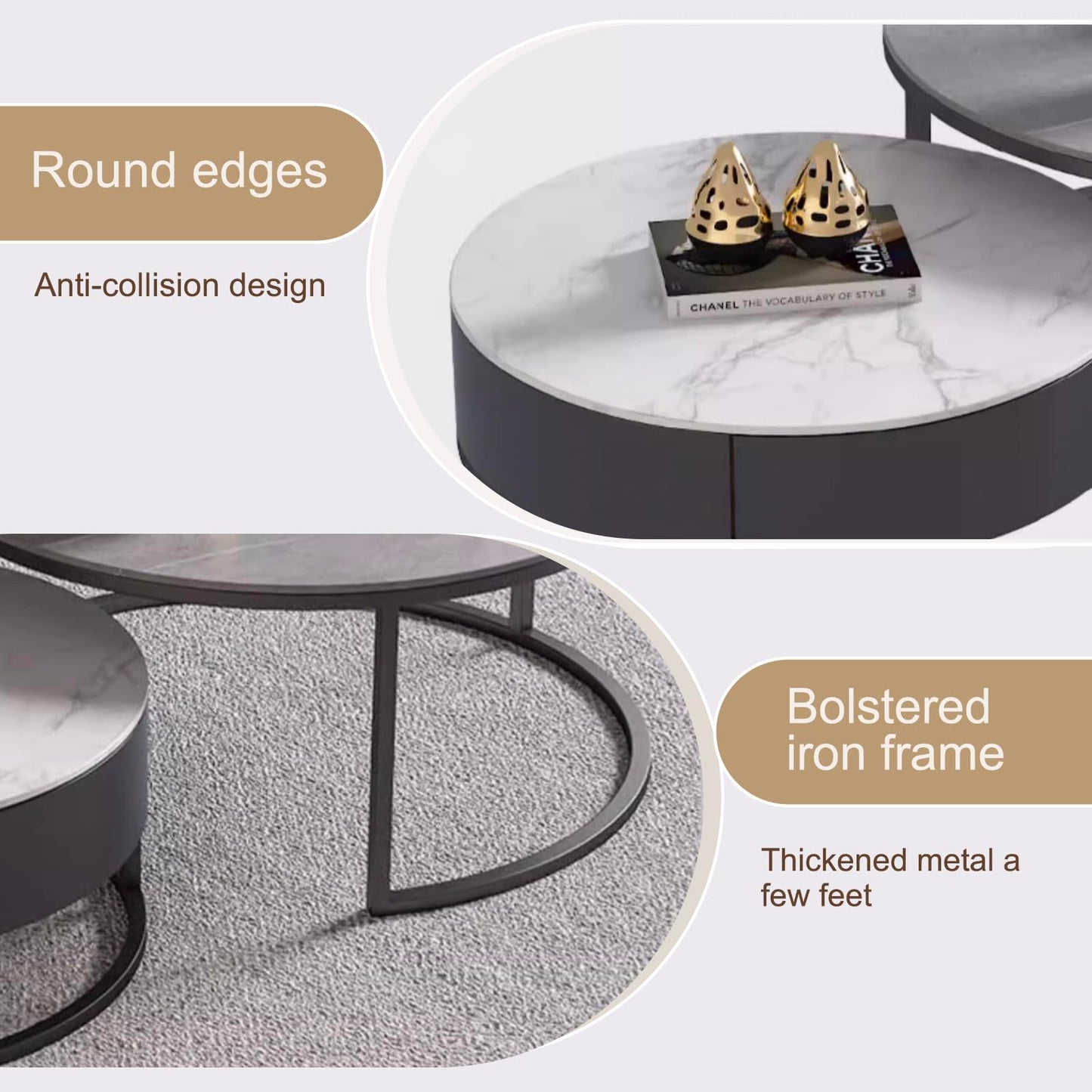 28IN Nesting Coffee Table Set of 3 - Round Coffee Tables with Black Frame Legs & Round Corner Design | Glossy Tabletop & Large Drawer Storage