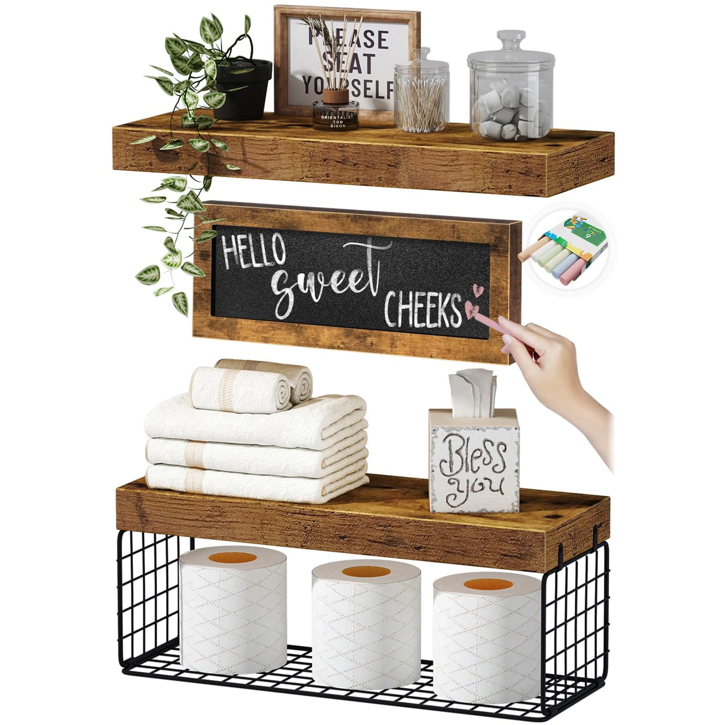 QEEIG Bathroom Shelves Over Toilet Paper Storage Wall Mounted Farmhouse Decor Decorations Chalkboard Small Floating Wall Shelf 2+1 Set 16 inch, Rustic Brown (021BN)