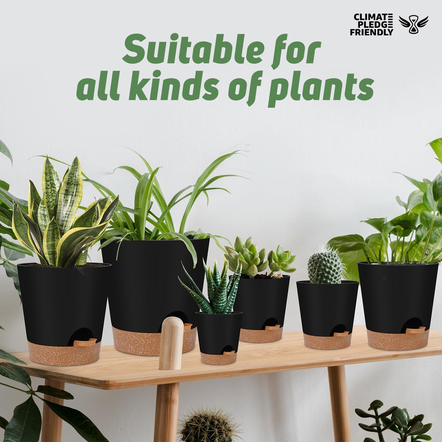 YNNICO Indoor Self Watering Planters with Drainage Holes and Saucers, 8, 7, 6.5, 6, 5.5, 5 Inches, Black, 6 Pots