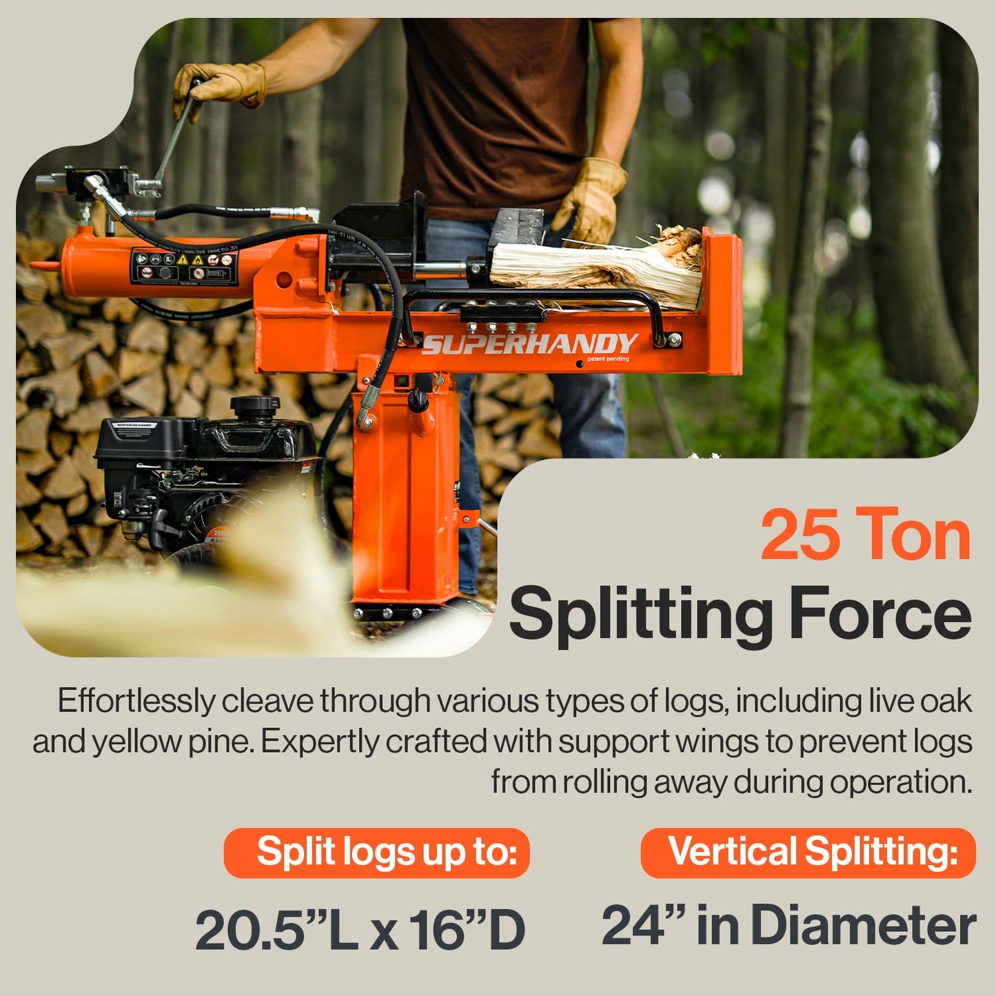 SuperHandy Portable 25 Ton Gas Log Splitter with 7HP Engine, Bucher Gear Pump, and Horizontal/Vertical Half Beam Steel Wedge for Firewood Splitting and Forestry Harvesting