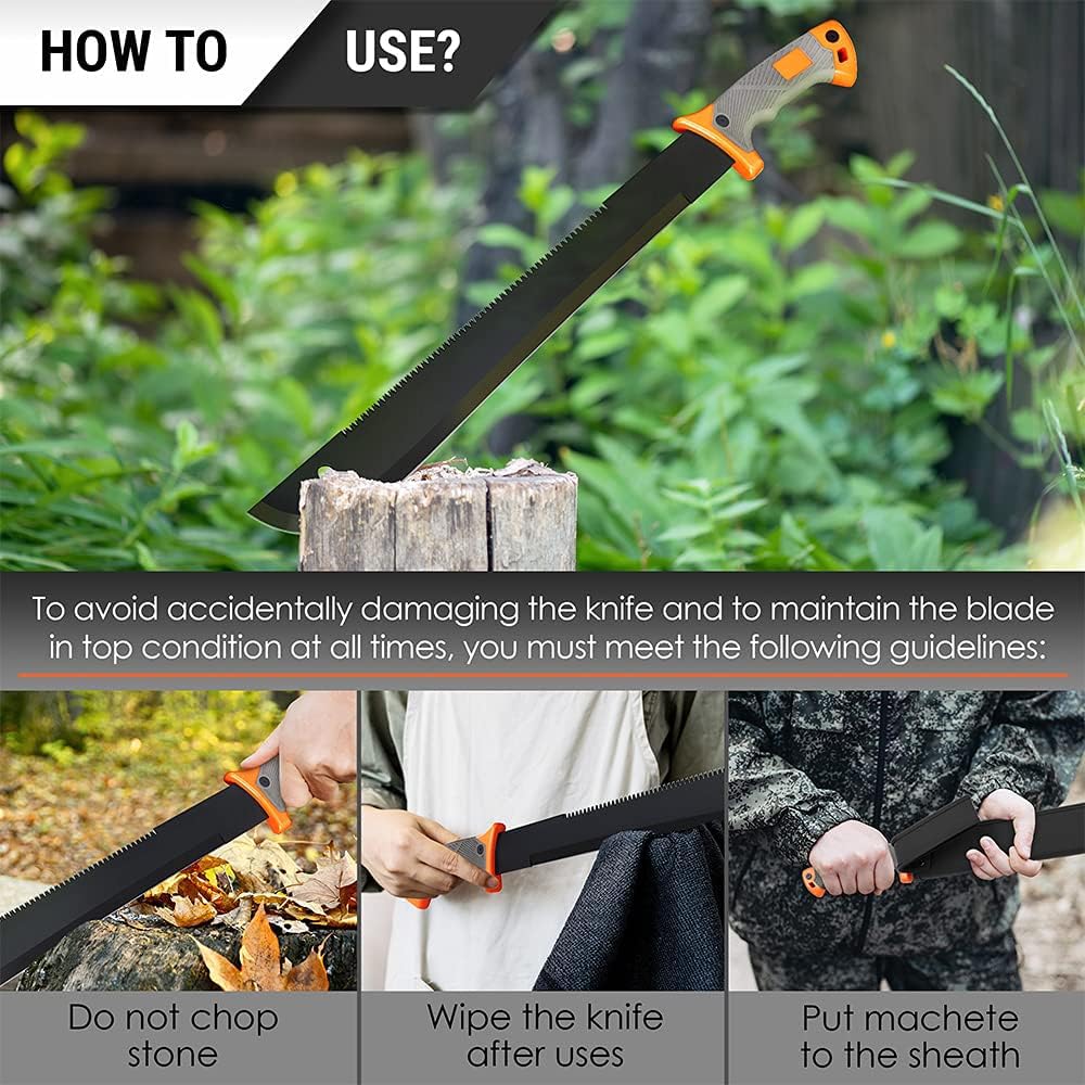 18.5-Inch Serrated Blade Machete with Nylon Sheath - Saw Blade Machetes with Non-Slip Rubber Handle - Best Brush Clearing Tool Machete for Cutting Trees and Yard Work - Survival E-Book Included 13153