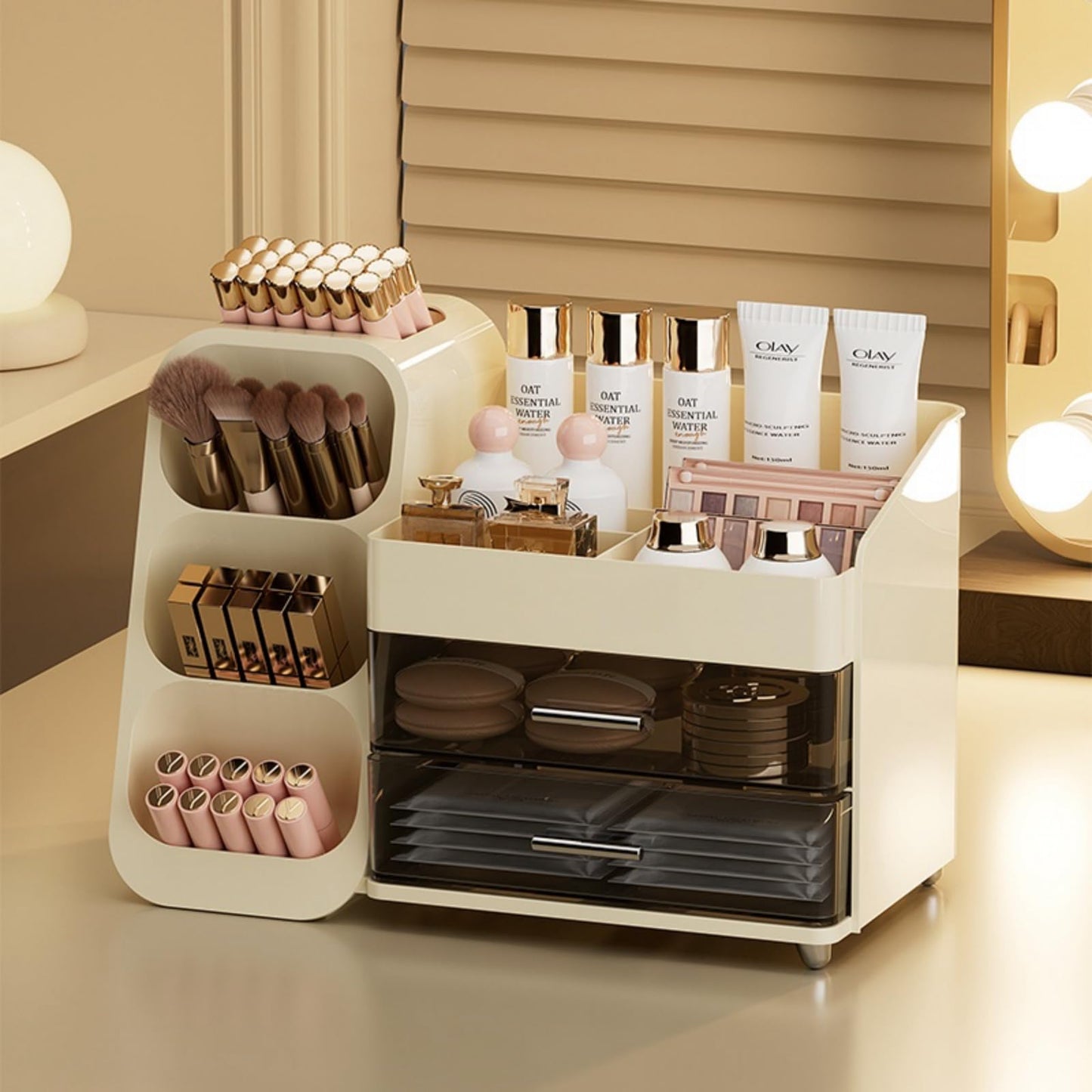 Makeup organizer with Drawers for Vanity,Spacious Cosmetic Display Case,Perfect Storage Solution for Your Beauty Essential(Cream)