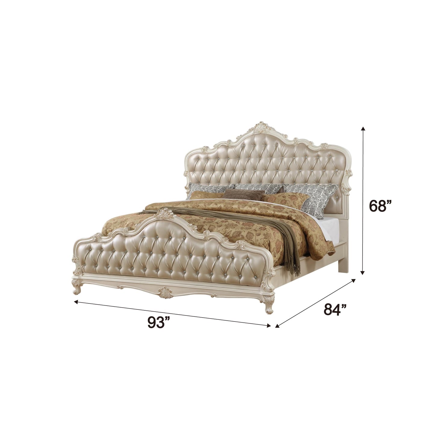 Acme Chantelle California King Tufted Faux Leather Bed in Rose Gold and White