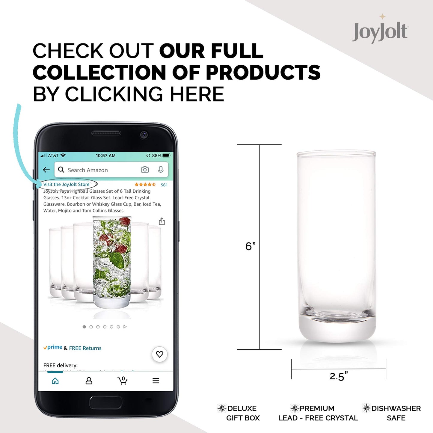 JoyJolt Faye 13oz Highball Glasses, 6pc Tall Glass Sets. Lead-Free Crystal Drinking Glasses. Water Glasses, Mojito Glass Cups, Tom Collins Bar Glassware, and Mixed Drink Cocktail Glass Set