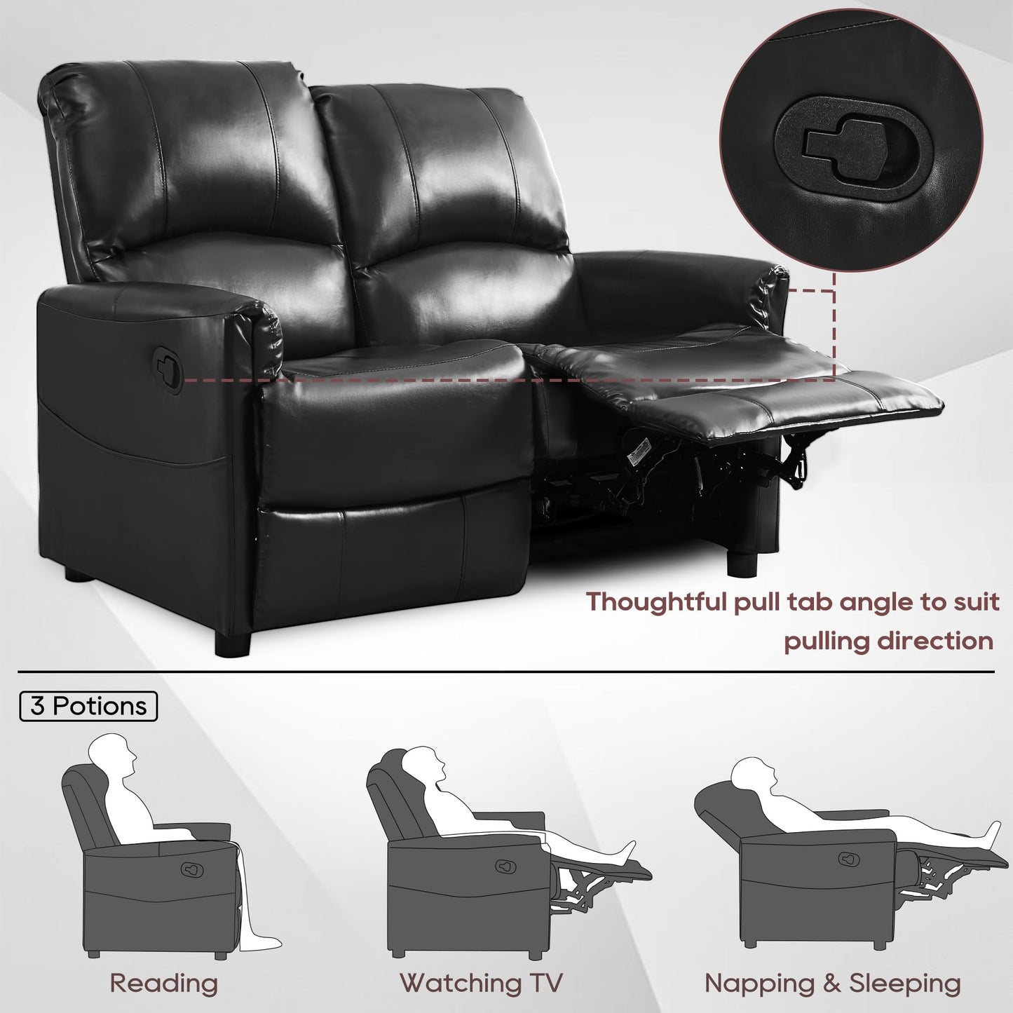 TUNYI 48.2" Loveseat Recliner RV Sofa - Double Manual Recliner Loveseat Glossy Leather Reclining Loveseat RV Furniture with 1" Leg and Side Pocket for Living Room/Apartment/RV (Black)