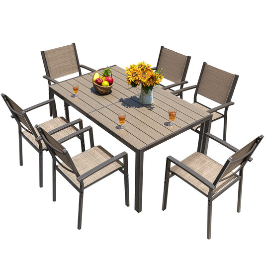 Homall 7 Pieces Patio Dining Set Outdoor Furniture with 6 Stackable Textilene Chairs and Large Table for Yard, Garden, Porch and Poolside, Beige