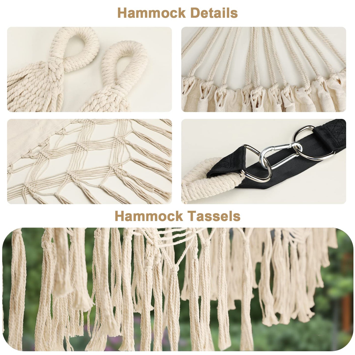 Bellzacasa Double Hammock, Heavy Duty 500 lb Load Capacity Tassels and Fishtail Knitting with Mounting Straps for Outdoor Camping Patio Balcony Beige