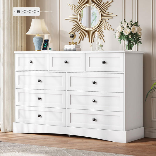 Hasuit White Bedroom Dresser with 9 Drawers, 51.2" Large Drawer Dresser with Charging Station, Wide Farmhouse Dresser Chest of Drawers, Wooden Storage Tower Organizer Dresser for Bedroom, Living Room