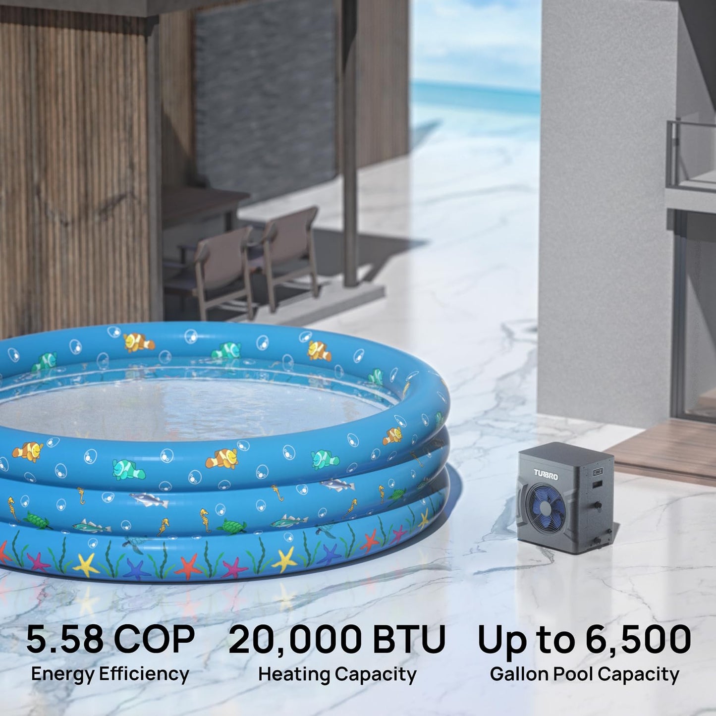 TURBRO Swimming Pool Heat Pump - 20,000 BTU - for Above and In Ground Pools and Spas - High Efficiency, All Electric Heater - No Natural Gas or Propane Needed, Manatee M20