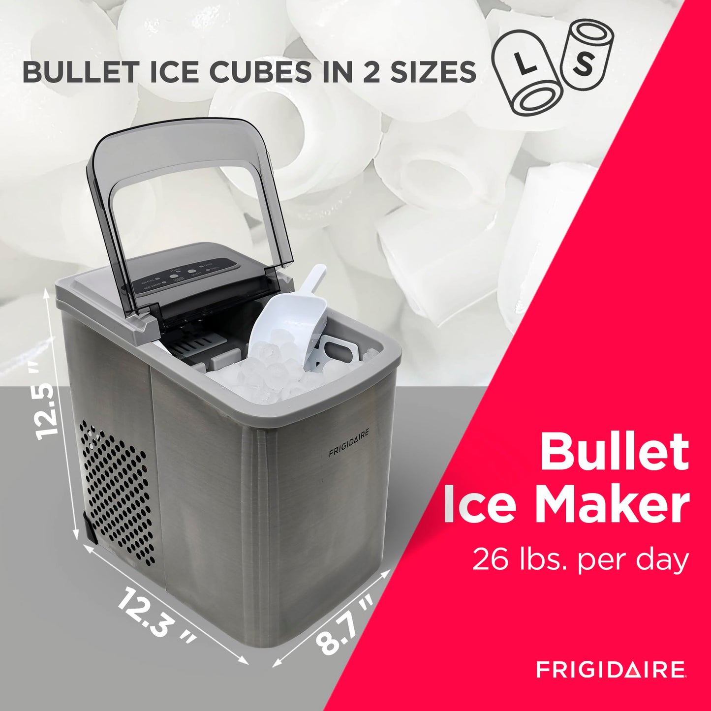 Frigidaire Countertop Ice Maker, Compact Machine, 26 lbs per day, Stainless