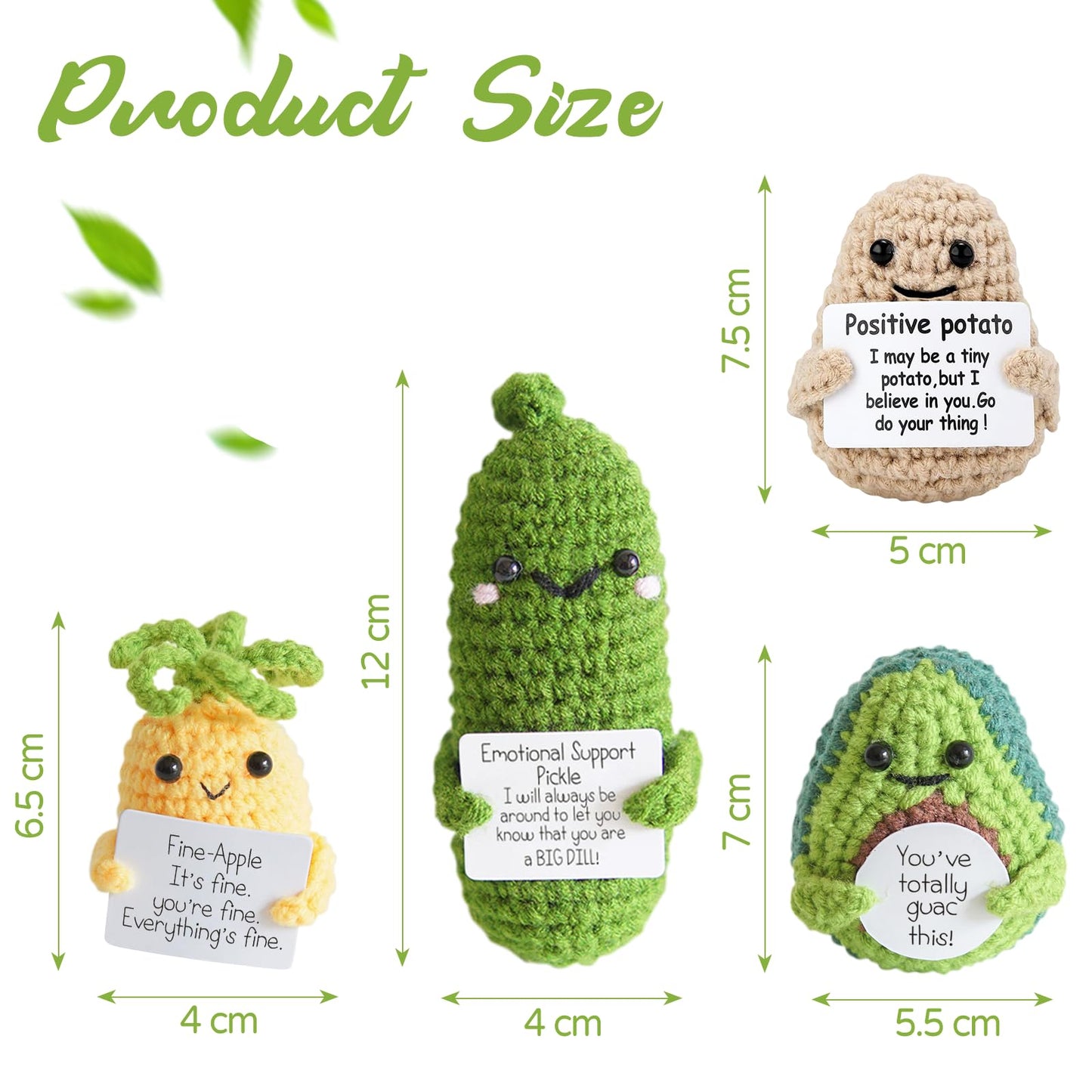 Urbun 4PCS Handmade Positive Crochet Doll Set-Emotional Support Pickle, Positive Potato, Avocado and Pineapple,Cute Encouragement Ornament Cucumber Knitted Doll with Positive Card