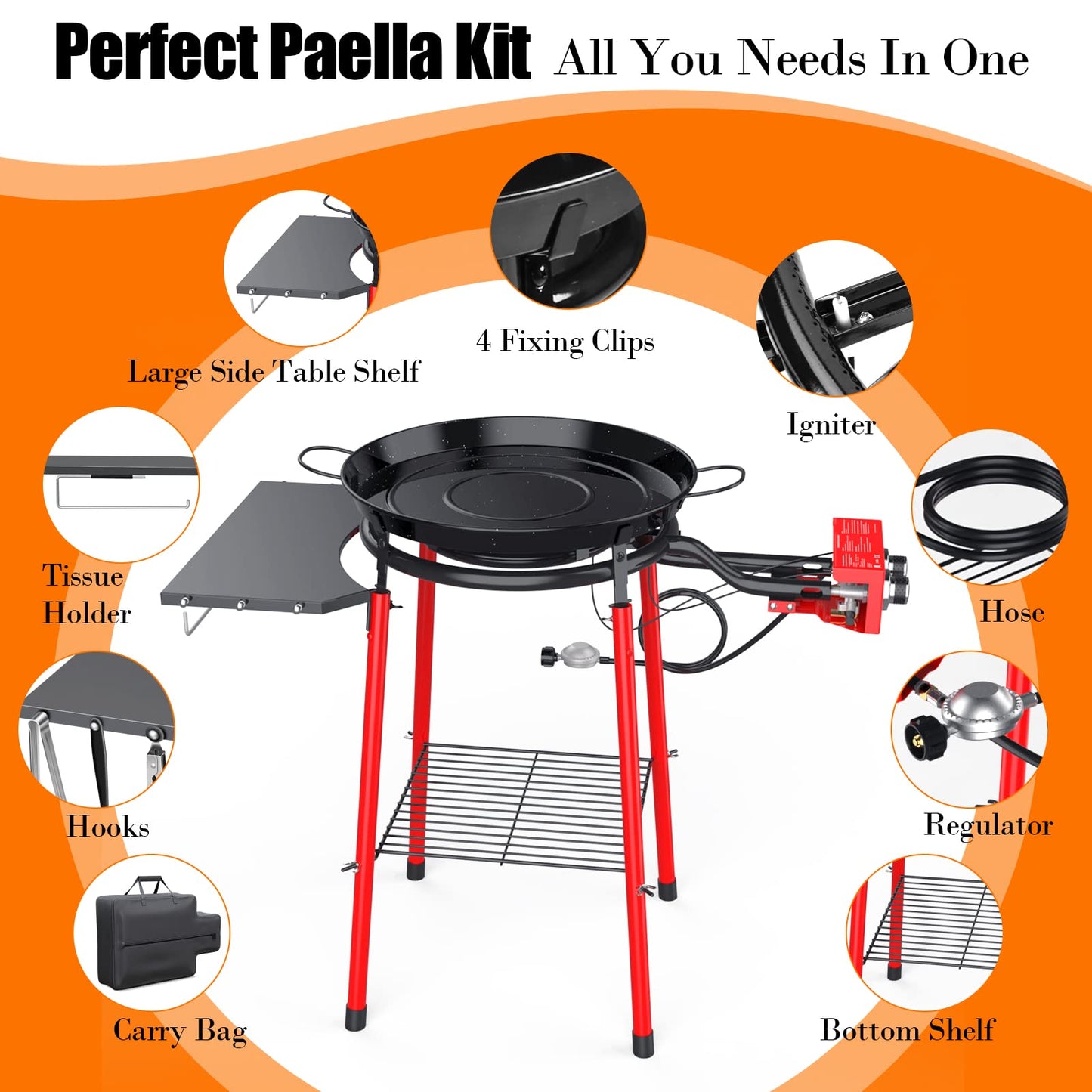 GRILL FORCE 18 Inch Paella Pan and Burner Set, Paella Burner and Stand Set, Paella Pan Set,18 Inch Paella Pan, Paellera, Paella Kit with Carry Bag, Built-In Ignitor Regulator Hose, 12 Servings