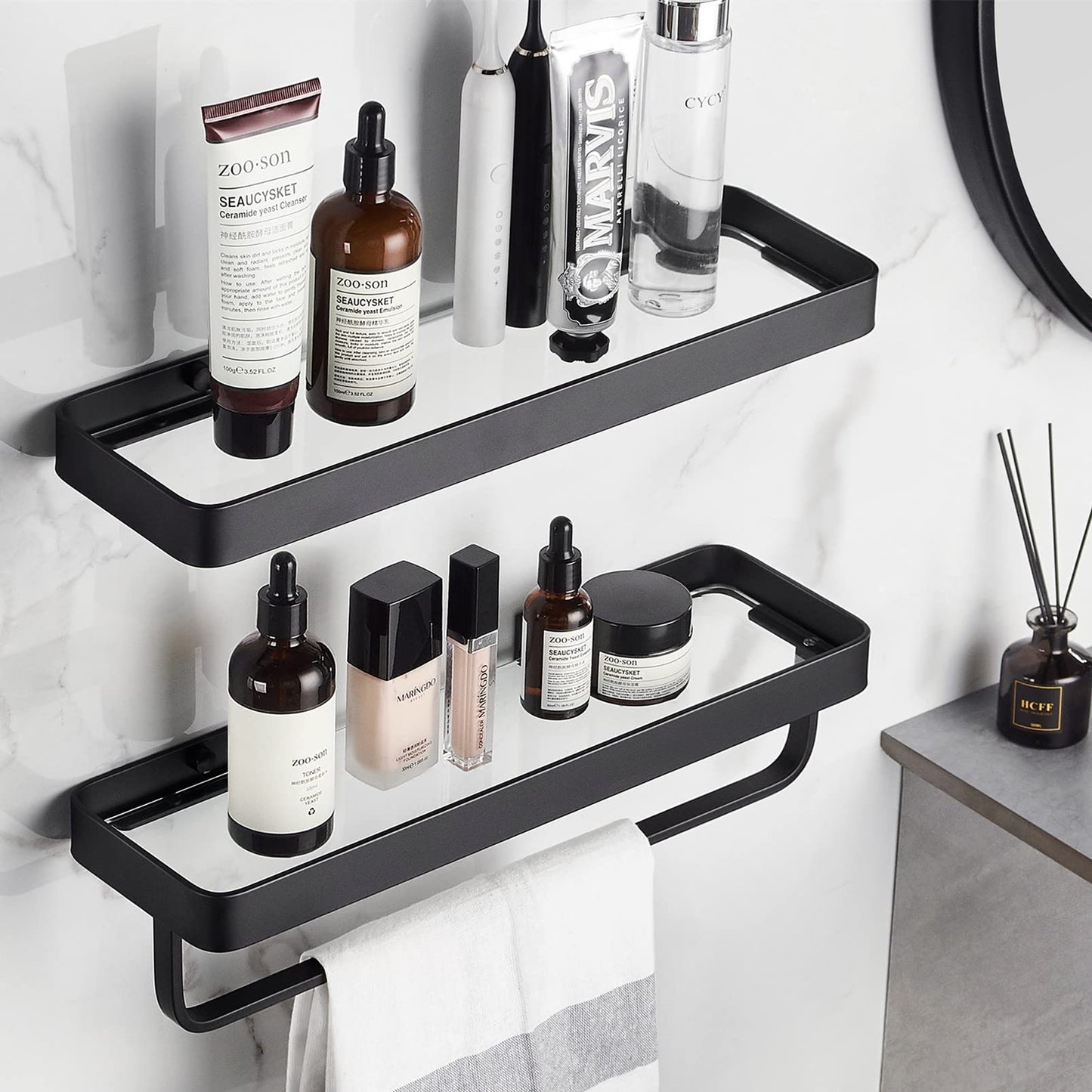 VOLPONE Bathroom Shelves Wall Mounted Glass Shelf for Bathroom Floating Shelf Tempered Glass Black Bathroom Wall Organizer 2-Tier