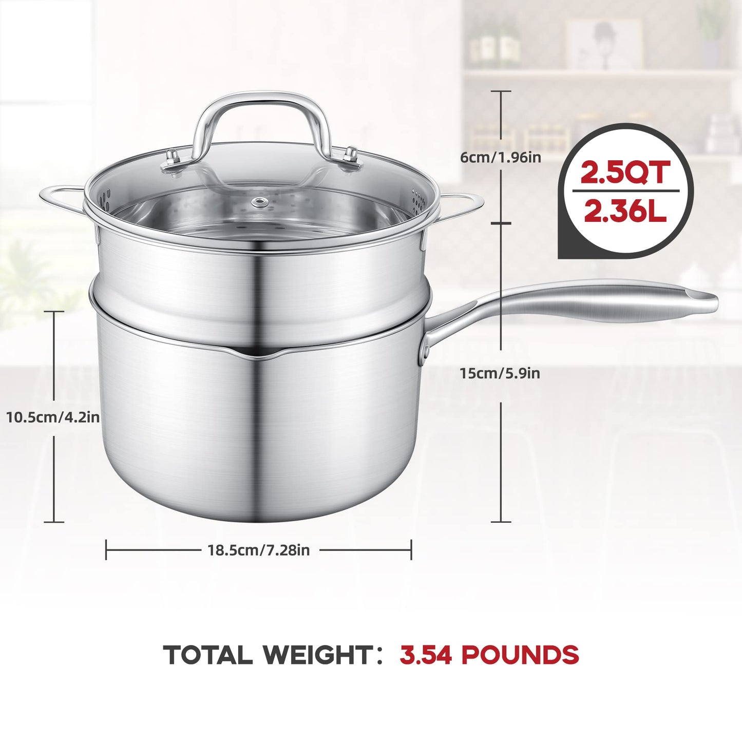 Buttermelt 2.5 Quart Stainless Steel Saucepan with Steamer Basket, Tri-ply Full Body, Multipurpose Sauce Pot with Two-Size Drainage Holes Lid, Perfect For Boiling Gravies, Pasta, Noodles