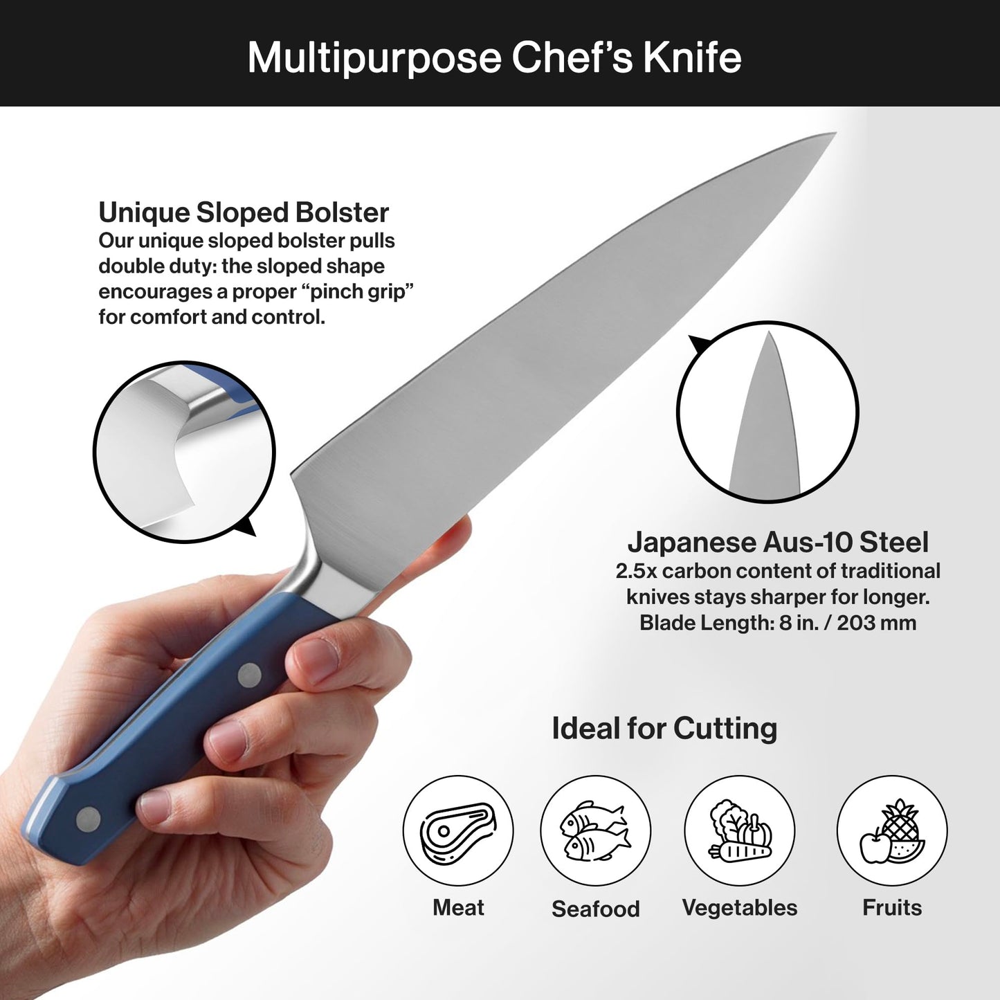 Misen Ultimate 8 Inch Chef's Knife - Pro Kitchen Knife - High Carbon Japanese Stainless Steel - Hybrid German and Japanese style blade - Craftsmanship for Culinary Enthusiasts, 8 in - Blue