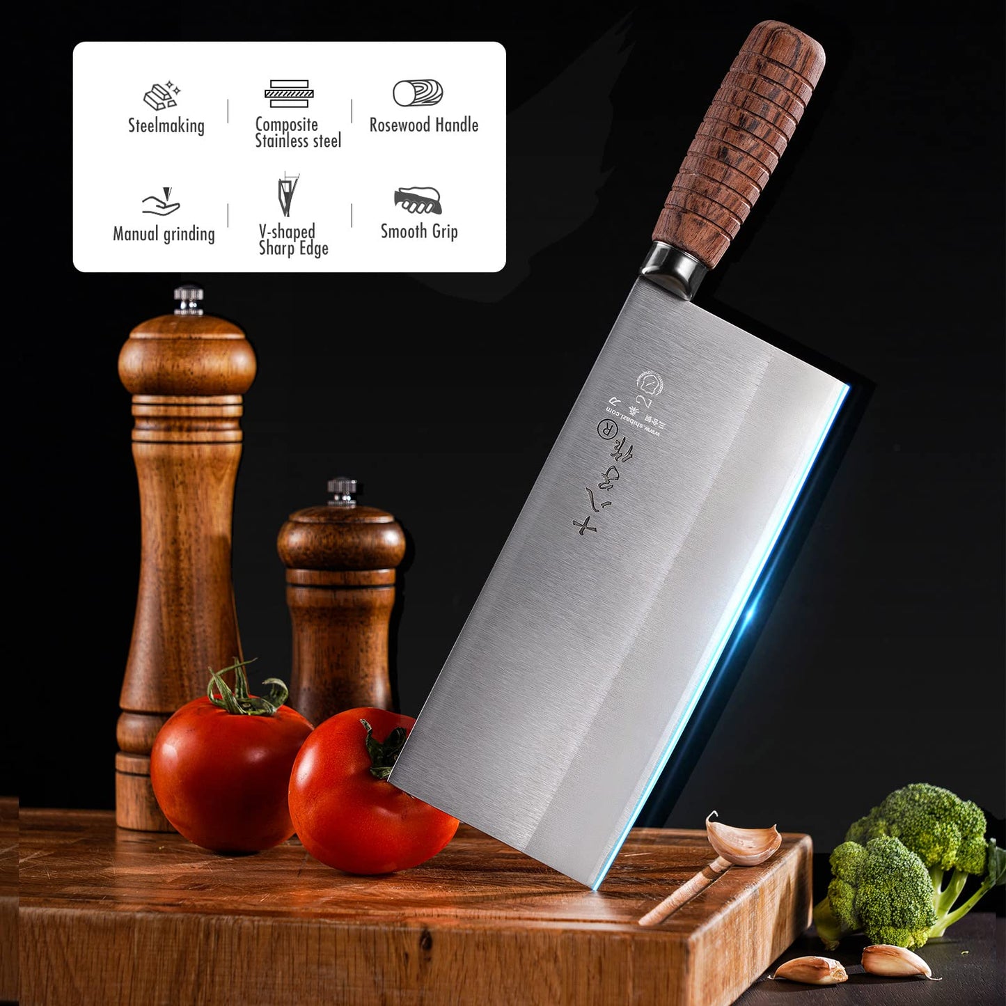 SHI BA ZI ZUO Cleaver Knife Meat Cleaver 8-inch Professional Chef Knife Stainless Steel Vegetable Knife Safe Non-stick Finish Blade with Anti-slip Wooden Handle