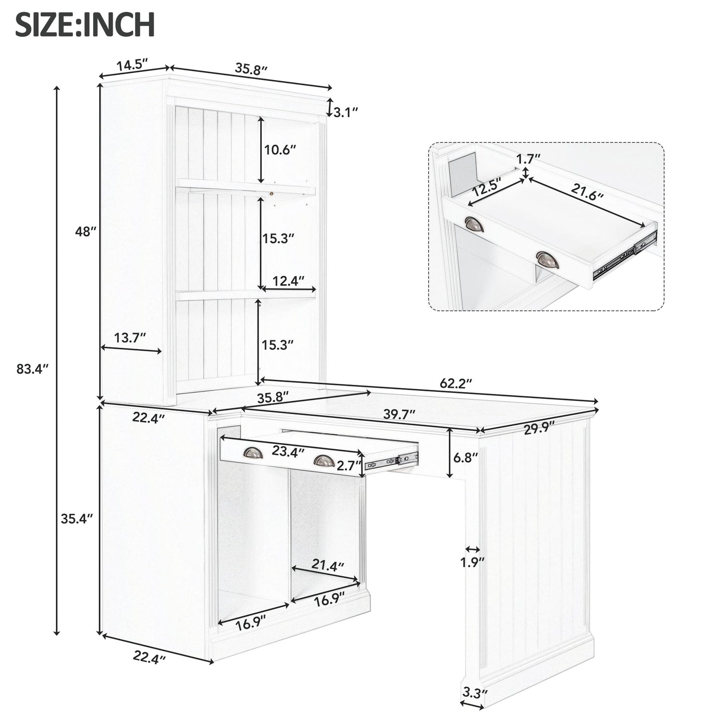 Merax 83.4" Tall Storage Bookshelf&Writting Desk Suite with LED Lighting,Drawers,Open Shelves,2-Piece Set for Living Room,White