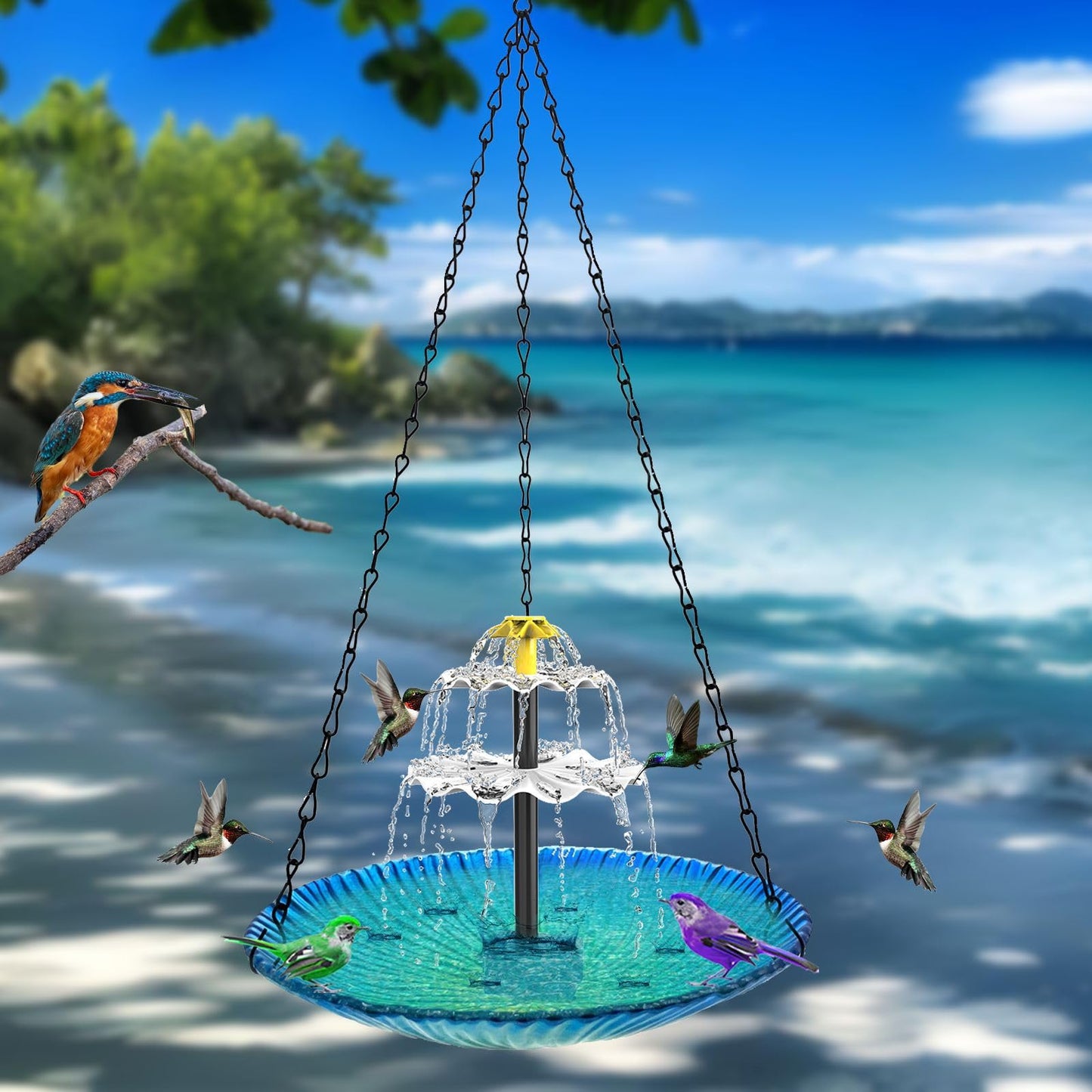 Hanging Bird Bath - Bird Bath Bowl with Solar Fountain Pump - Deck Mount Metal Bird Bath Bowl Powered by Water Fountain Pump for Outdoor Garden - Solar Powered Bird Bath Fountain