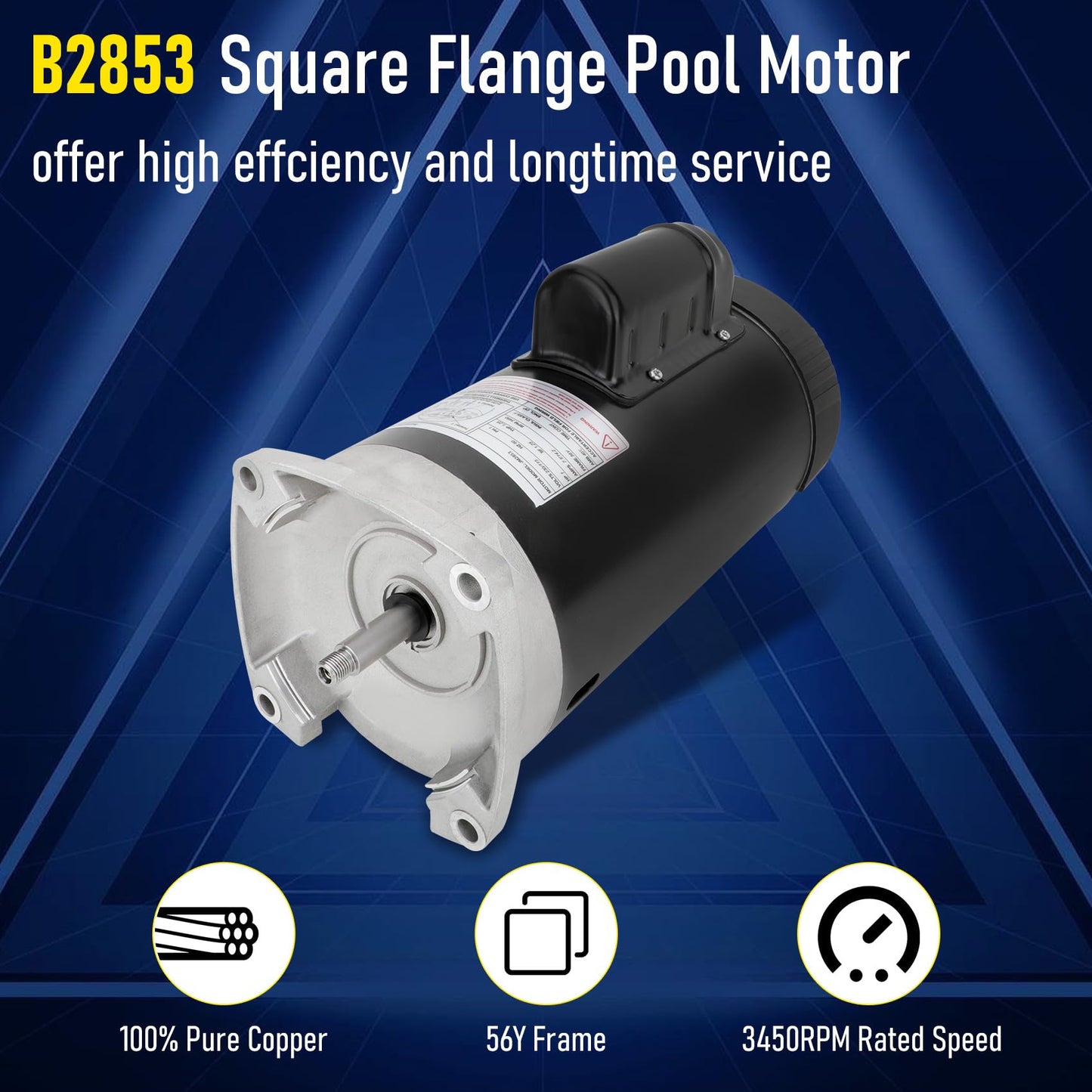 B2853 Square Flange Pool Pump Motor - 1 HP,3450 RPM,56Y Frame,PSC, ODP Enclosure - Reliability for Your Pool Pump - 12-Month Assurance of Quality and Support