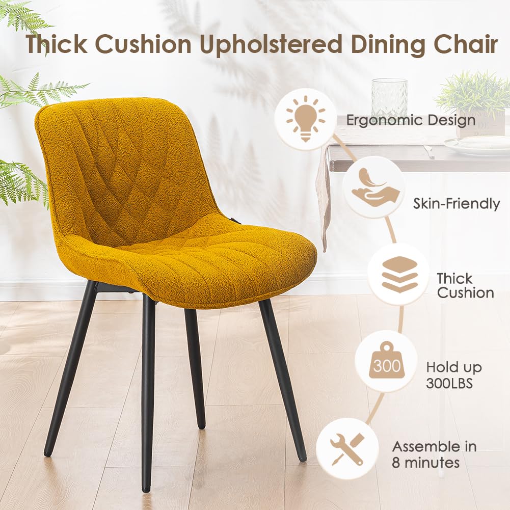 YOUNUOKE Comfortable Dining Chairs Set of 2, Mid-Century Modern Kitchen Dining Room Chairs, Upholstered Backrest Boucle Dining Chair with Black Metal, Yellow