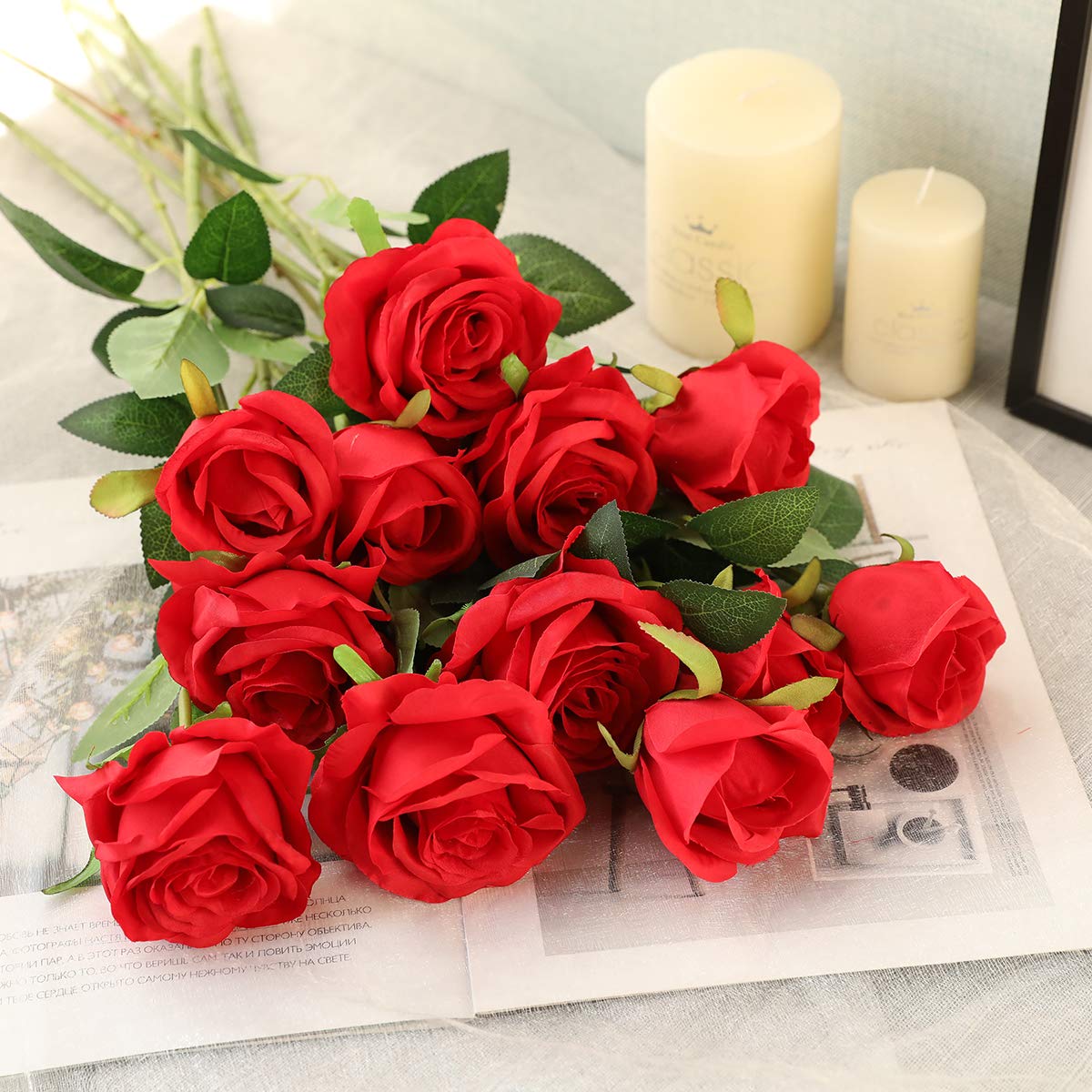 Hawesome 12PCS Artificial Silk Flowers Realistic Roses Bouquet Long Stem for Home Wedding Decoration Party A-Red