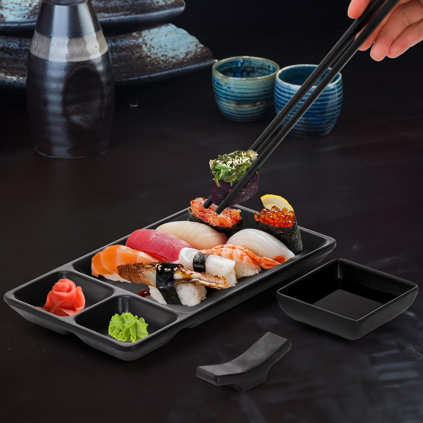 Pumtus 16 Piece Japanese Sushi Plate Set, Melamine Sushi Serving Set, Sushi Dinnerware Set - Includes 4 Sushi Serving Plates, 4 Sauce Dishes, 4 Pairs of Chopsticks, 4 Chopstick Holders (Black)