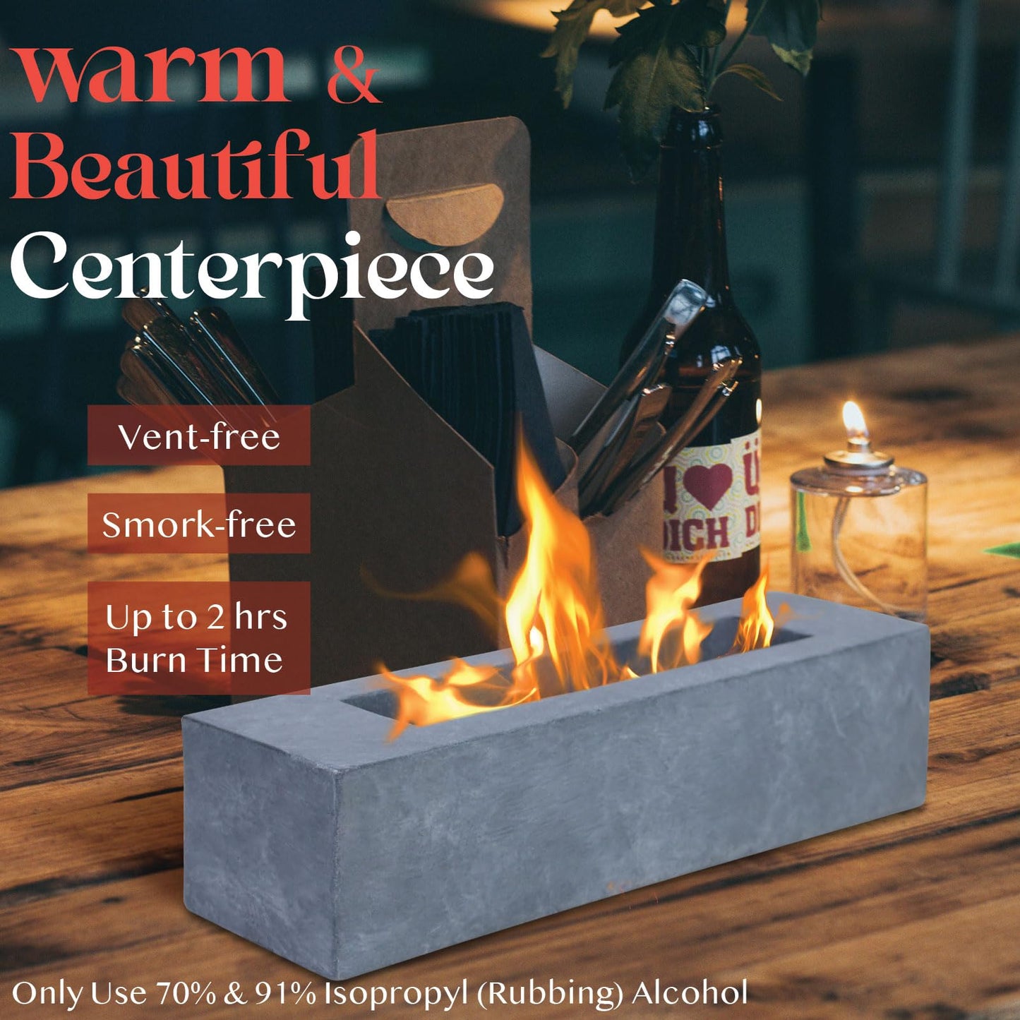 Large Rectangle Tabletop Fire Pit - Portable Bioethanol Fuel Concrete Smokeless Fire Bowl Table Top Firepit - Tabletop Fireplace - Rubbing Alcohol Smores Maker Personal Fireplace for Indoor Outdoor