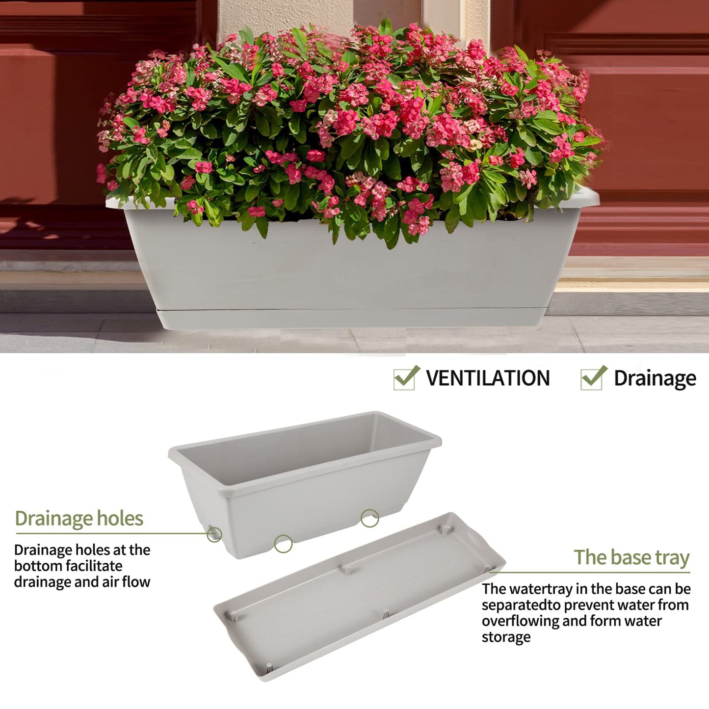8pcs Window Box Planter, 17 Inches Flower Window Boxes, Rectangle Planters Box with Drainage Holes and Trays, Plastic Vegetable Planters for Windowsill Patio Garden Home Decor Porch Yard (Grey)