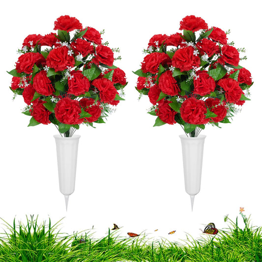 XHXSTORE 2 Sets Artificial Cemetery Flowers for Grave 48 Heads Red Fake Carnations Silk Memorial Flowers with Vase Graveyard Flowers for Outdoor Cemetery Arrangement Headstones Decor