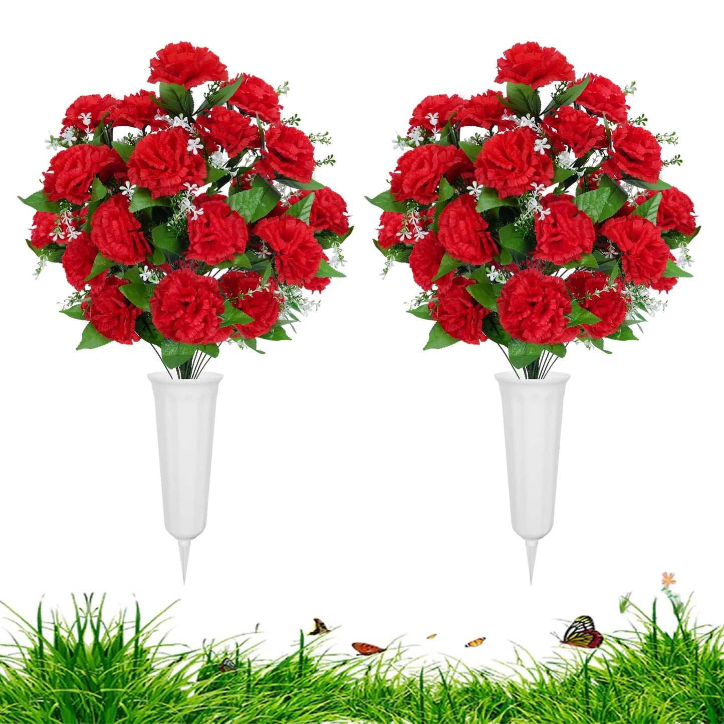 XHXSTORE 2 Sets Artificial Cemetery Flowers for Grave 48 Heads Red Fake Carnations Silk Memorial Flowers with Vase Graveyard Flowers for Outdoor Cemetery Arrangement Headstones Decor