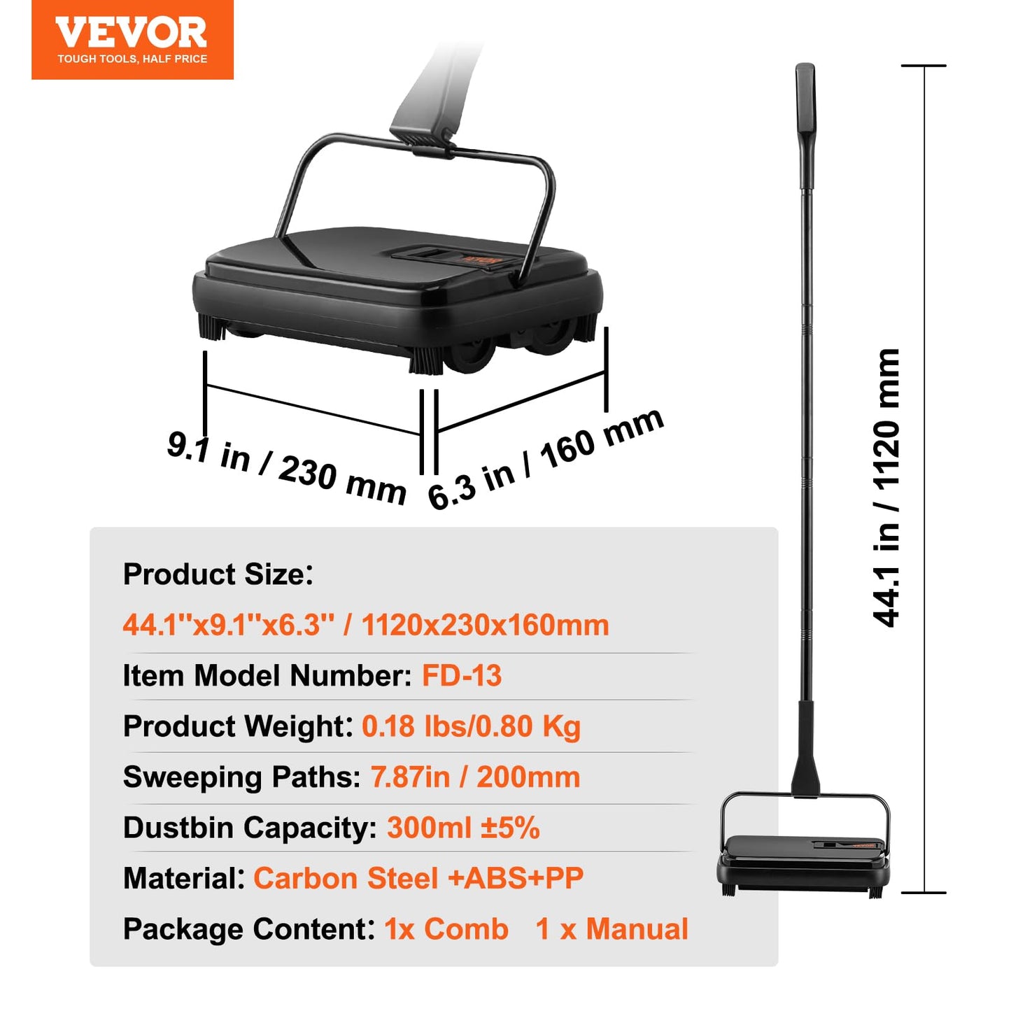 VEVOR Carpet Sweeper Manual, Floor Sweeper with 300 ml Dustbin Capacity Easy to Empty, for Home Office Carpets Pet Hair Dust, Black