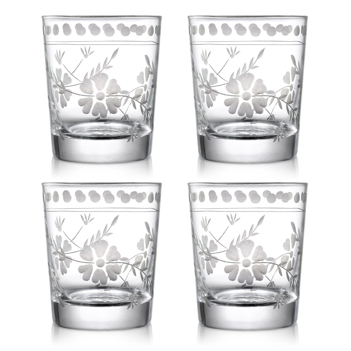 Joeyan Hand Blown Etched Drinking Glasses,Clear Water Glass Cups with Floral Pattern,Aesthetic Tumblers Glassware Set for Beverages Juice Cocktail Whiskey,9 oz,Set of 4,Dishwasher Safe