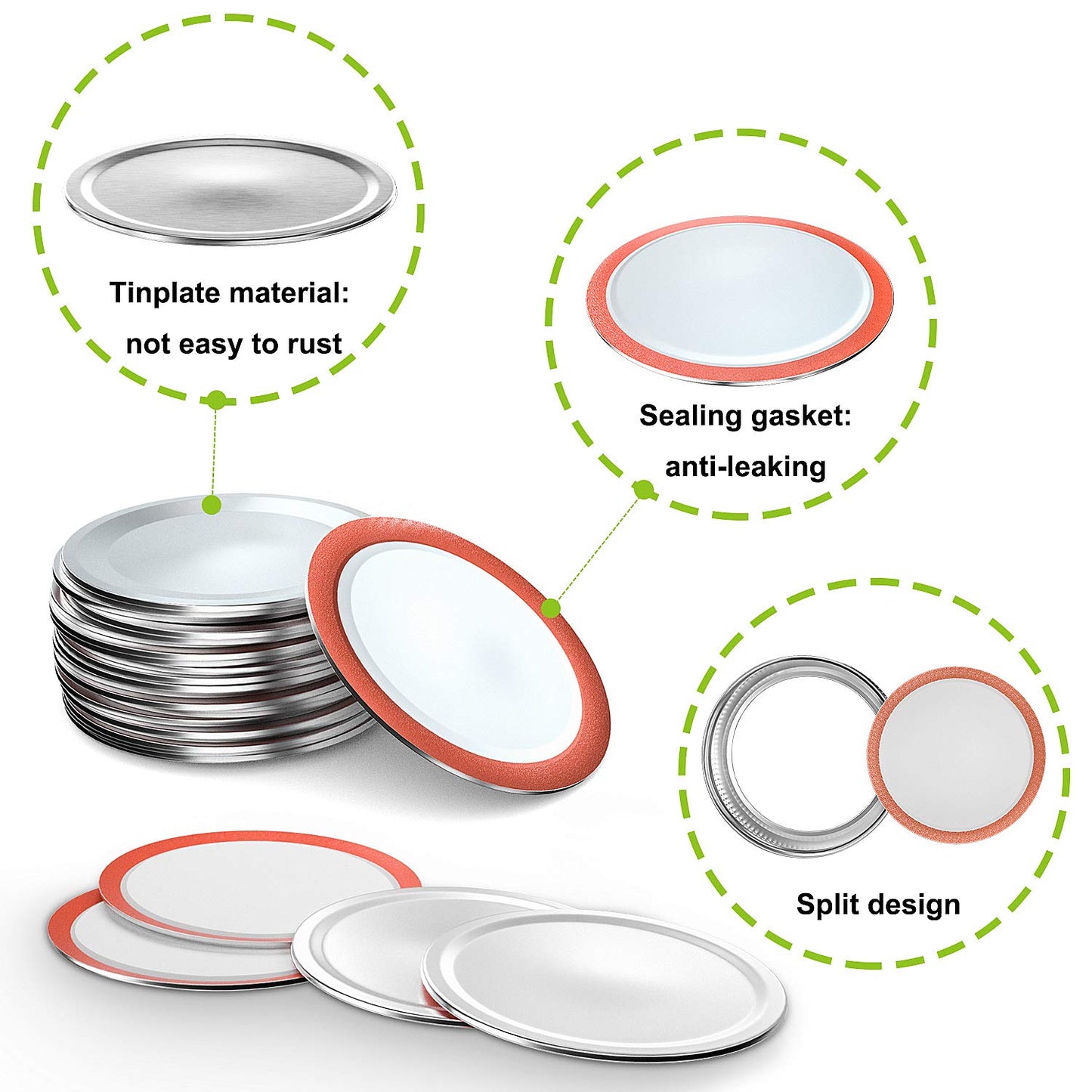 Mason Jar Lids Regular Mouth Canning Lids for Ball, Kerr Jars - 24-Count Split-Type with Leak proof & Airtight Seal Features, Metal Mason Jar Lids for Canning - Food Grade Material, Silver/70 MM