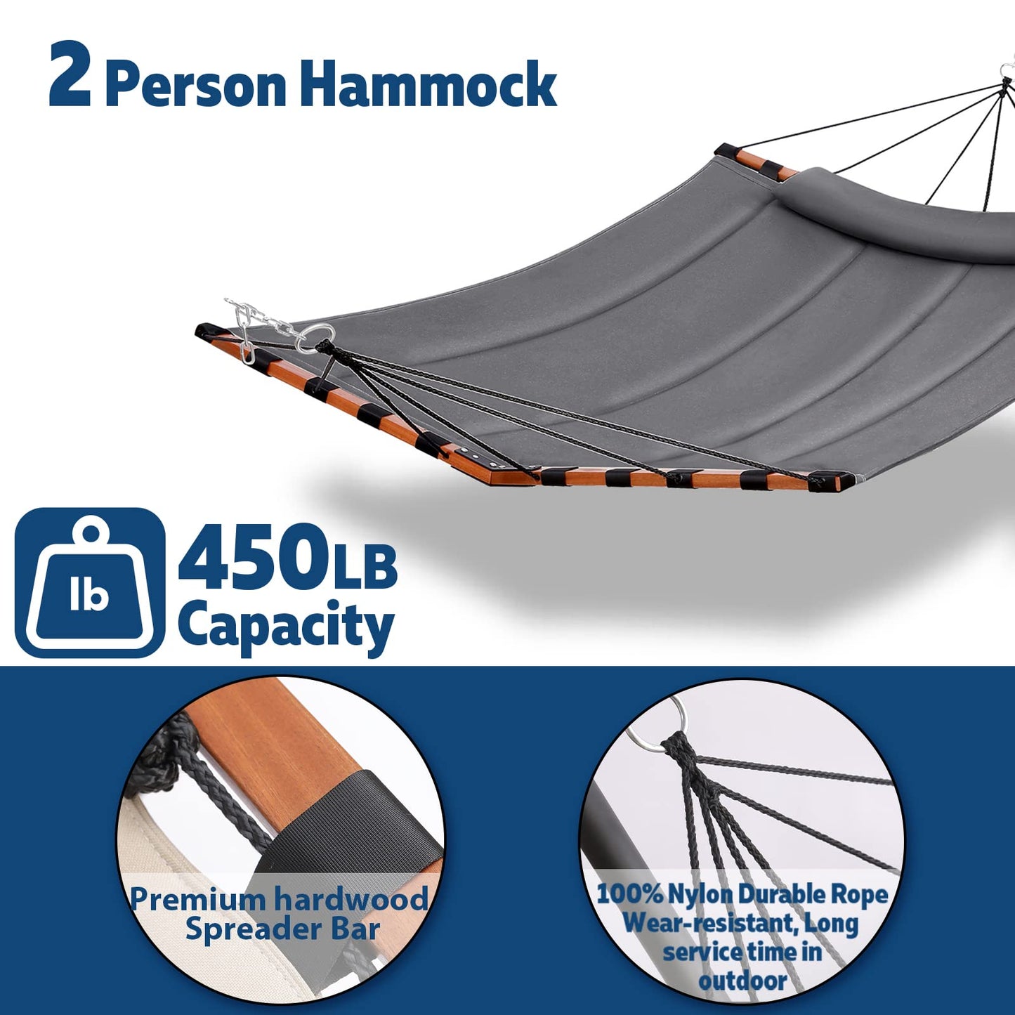 TegerDeger 12FT 2 Person Hammock Large Hammock 450LB Capacity with V Shaped Hardwood Spreader Bar & Nylon Rope for Outside, Patio, Garden, Backyard, Beach, Poolside - Gray